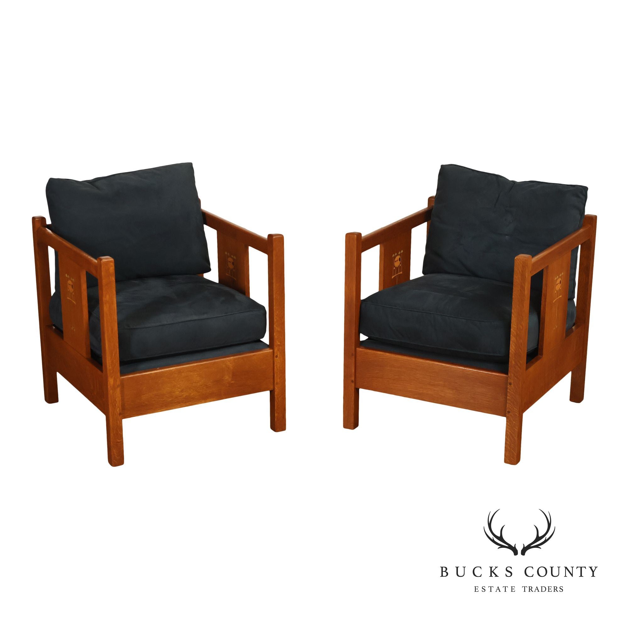 Stickley Mission Harvey Ellis Pair Of Inlaid Cube Chairs
