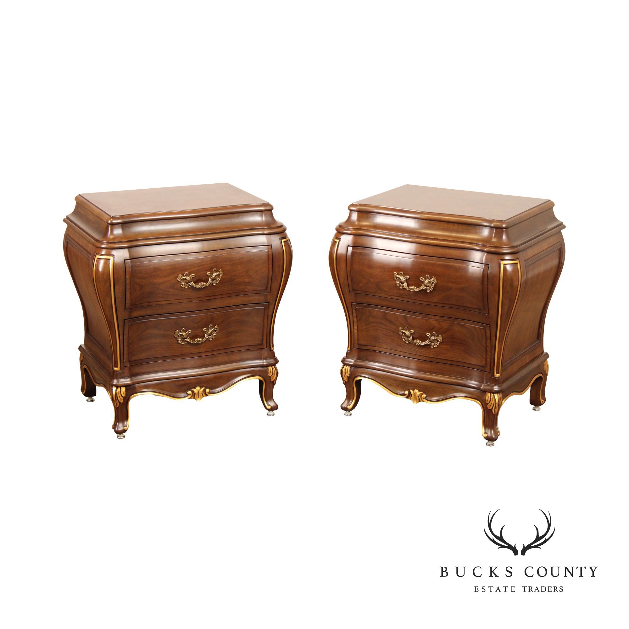 Karges French Louis XV Style Pair of Walnut Bombe Chest Nightstands