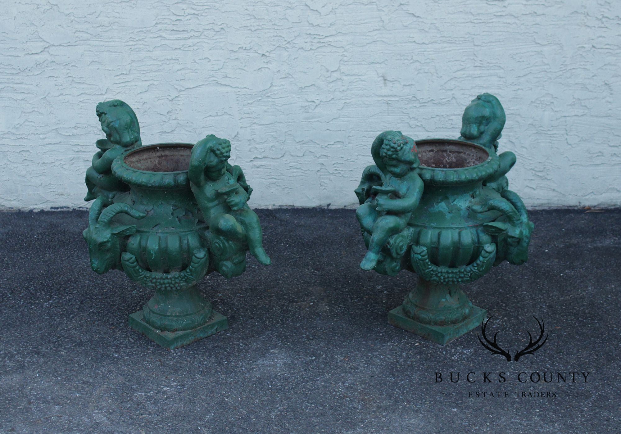 Antique Cast Iron Pair Of Cherub Garden Urn Planters
