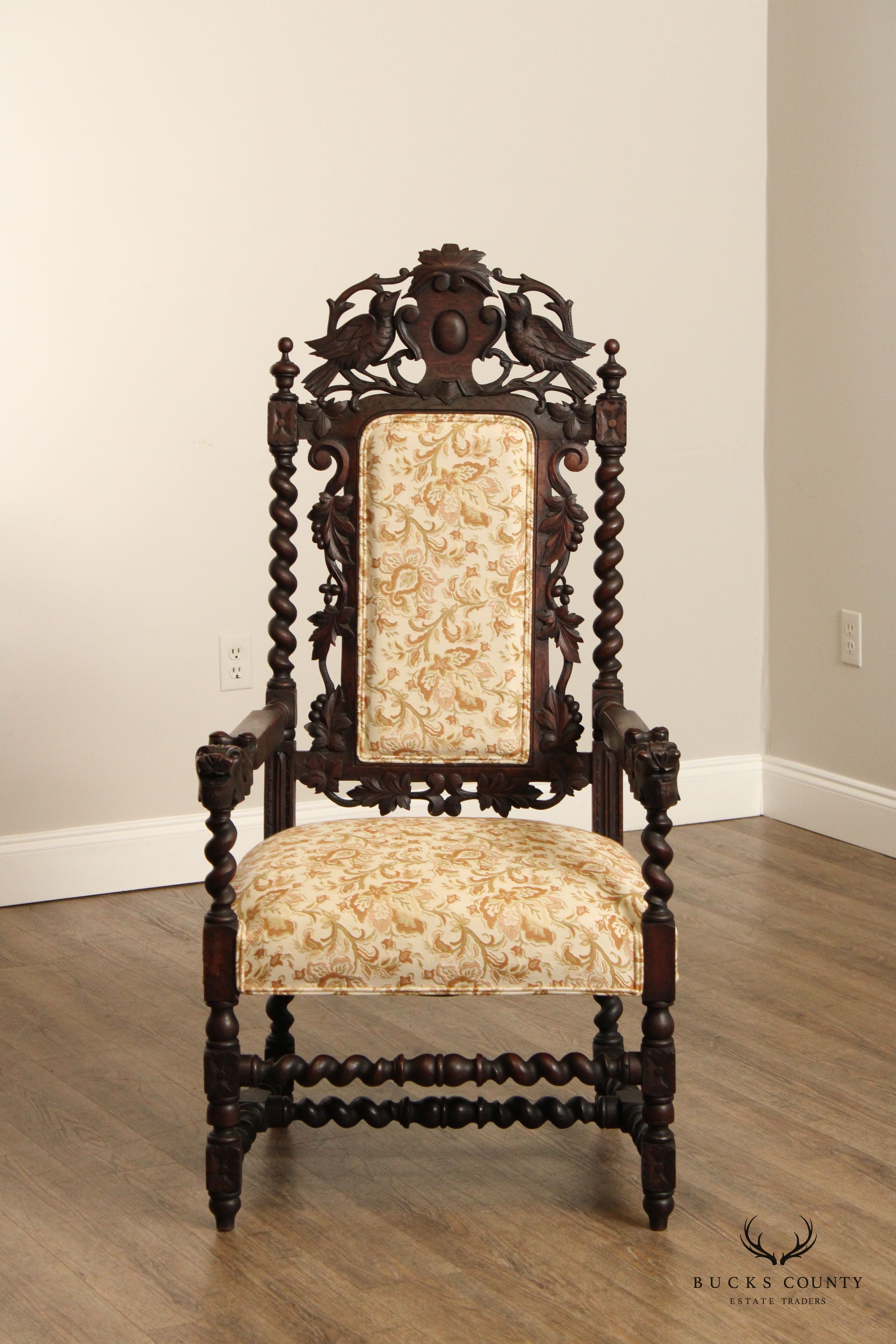 Renaissance Revival Antique Carved Oak Throne Armchair