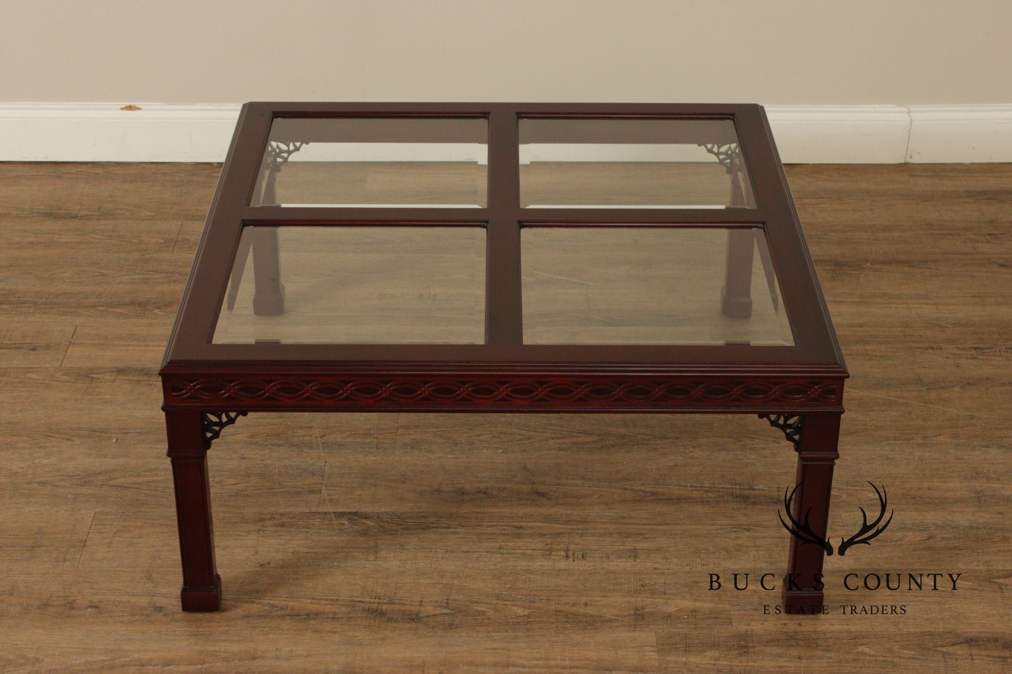 Kindel Chinese Chippendale Style Glass Top Mahogany Coffee Table