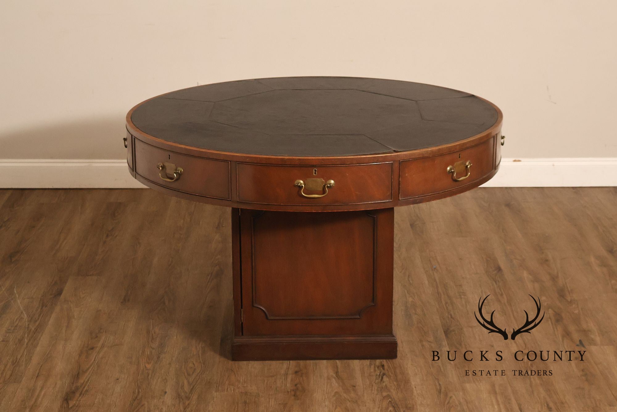 Kittinger Leather Top Round Rent Table With Drawers T295
