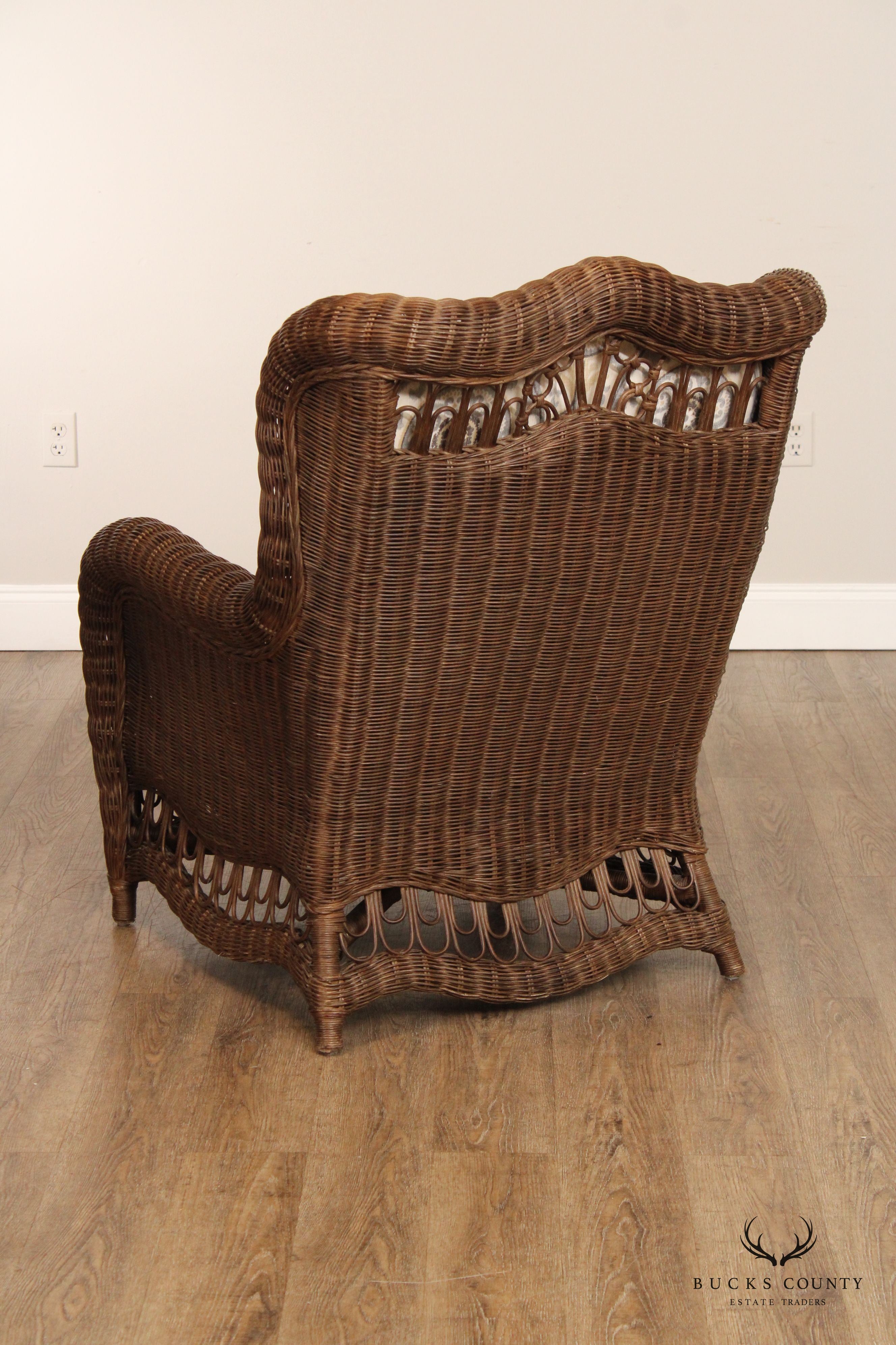 Ethan Allen Victorian Style Wicker Wing Chair and Ottoman