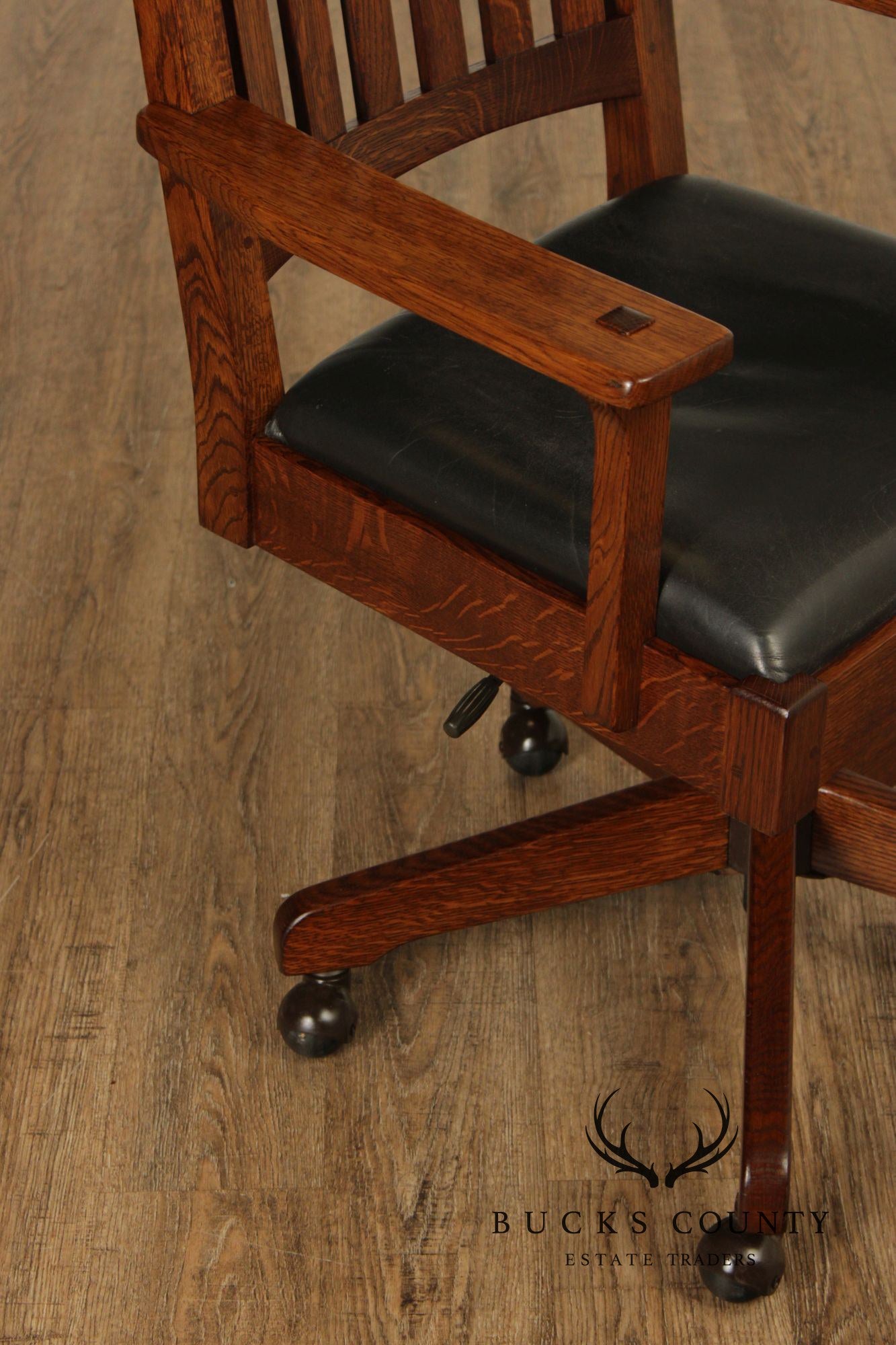 Stickley Mission Collection Oak Swivel Desk Chair With Black Leather Seat
