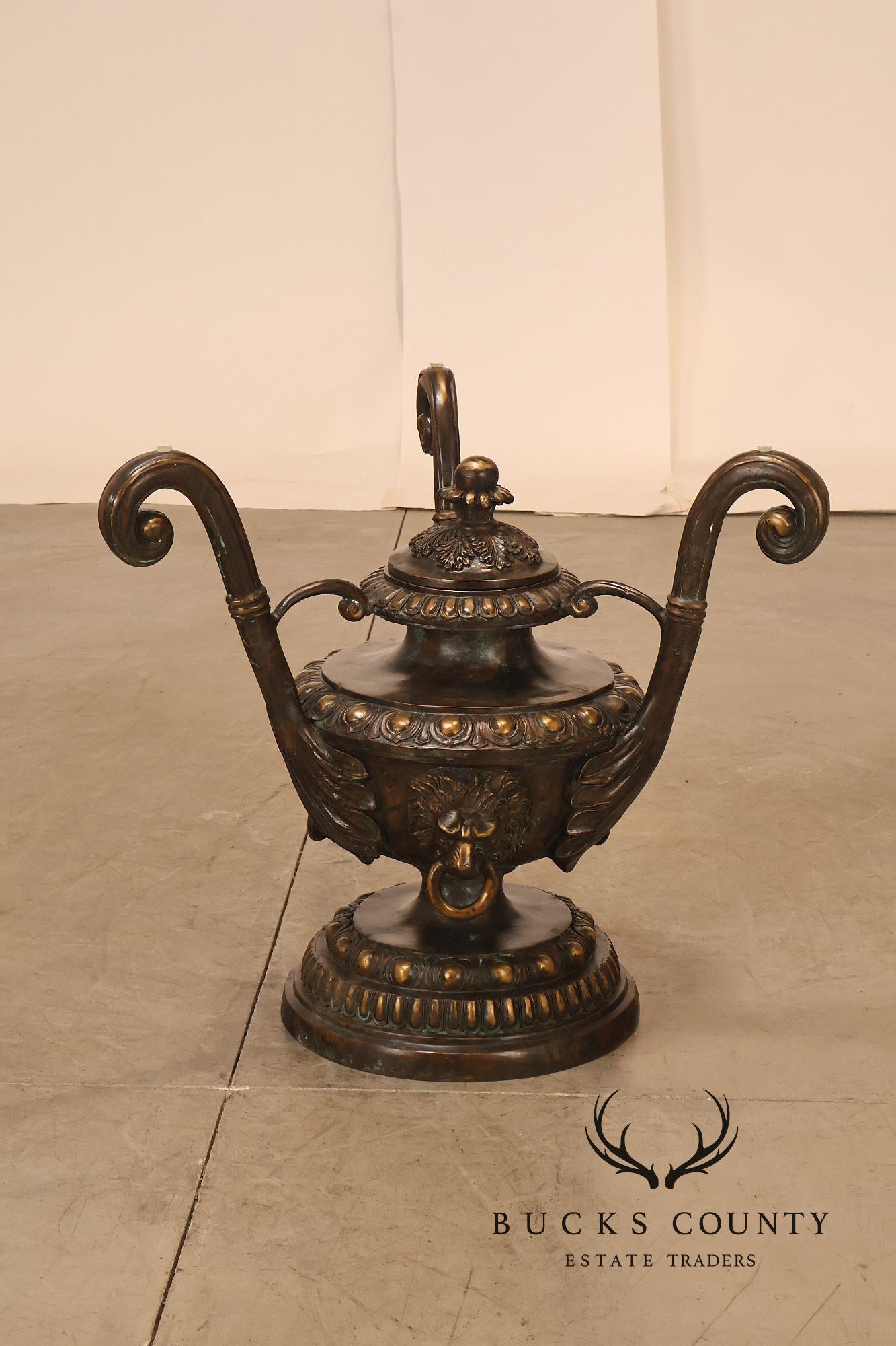 Monumental Brass Urn Form  Double Pedestal Glass Top Dining Table