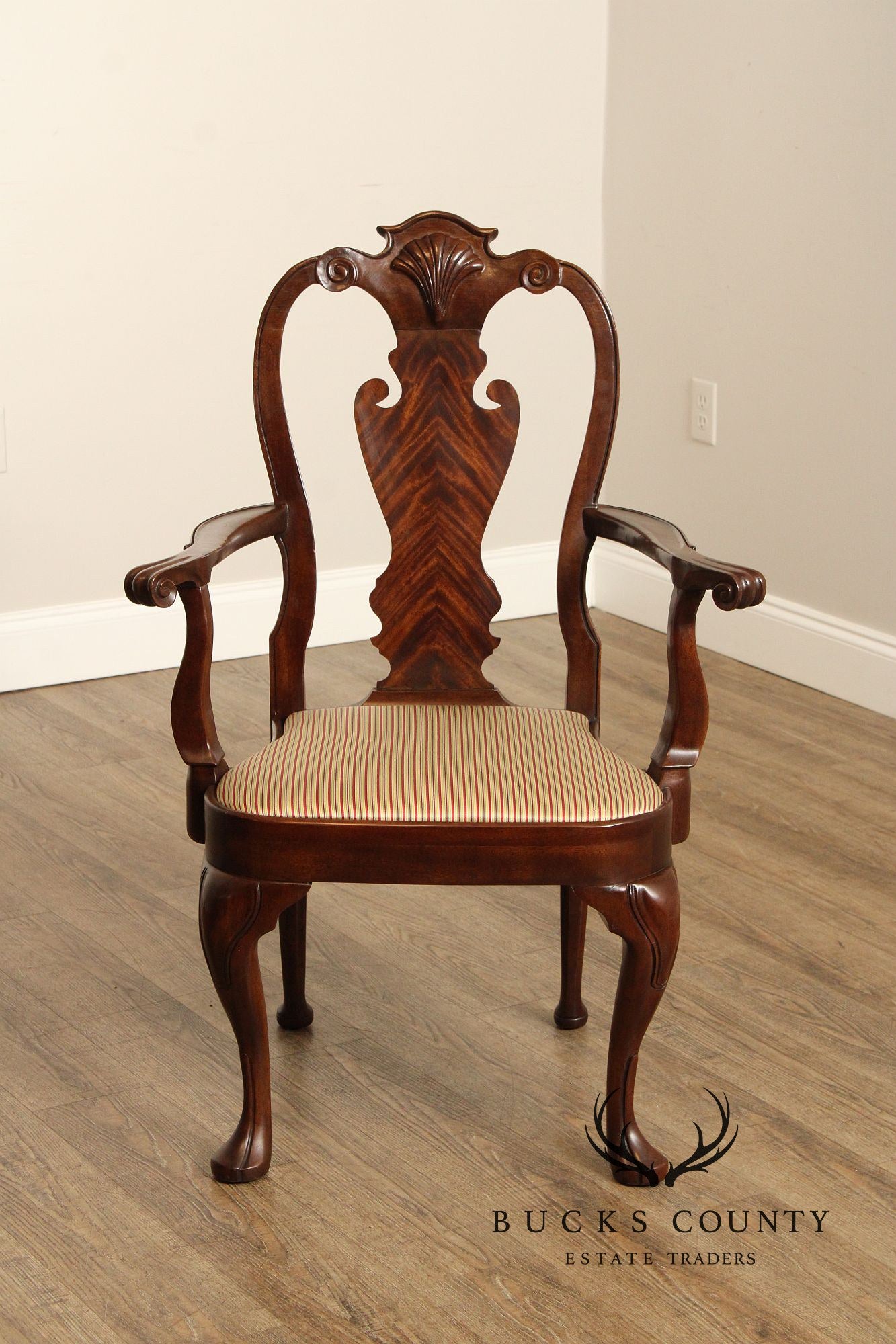 Queen Anne Style Pair of Carved Mahogany Armchairs