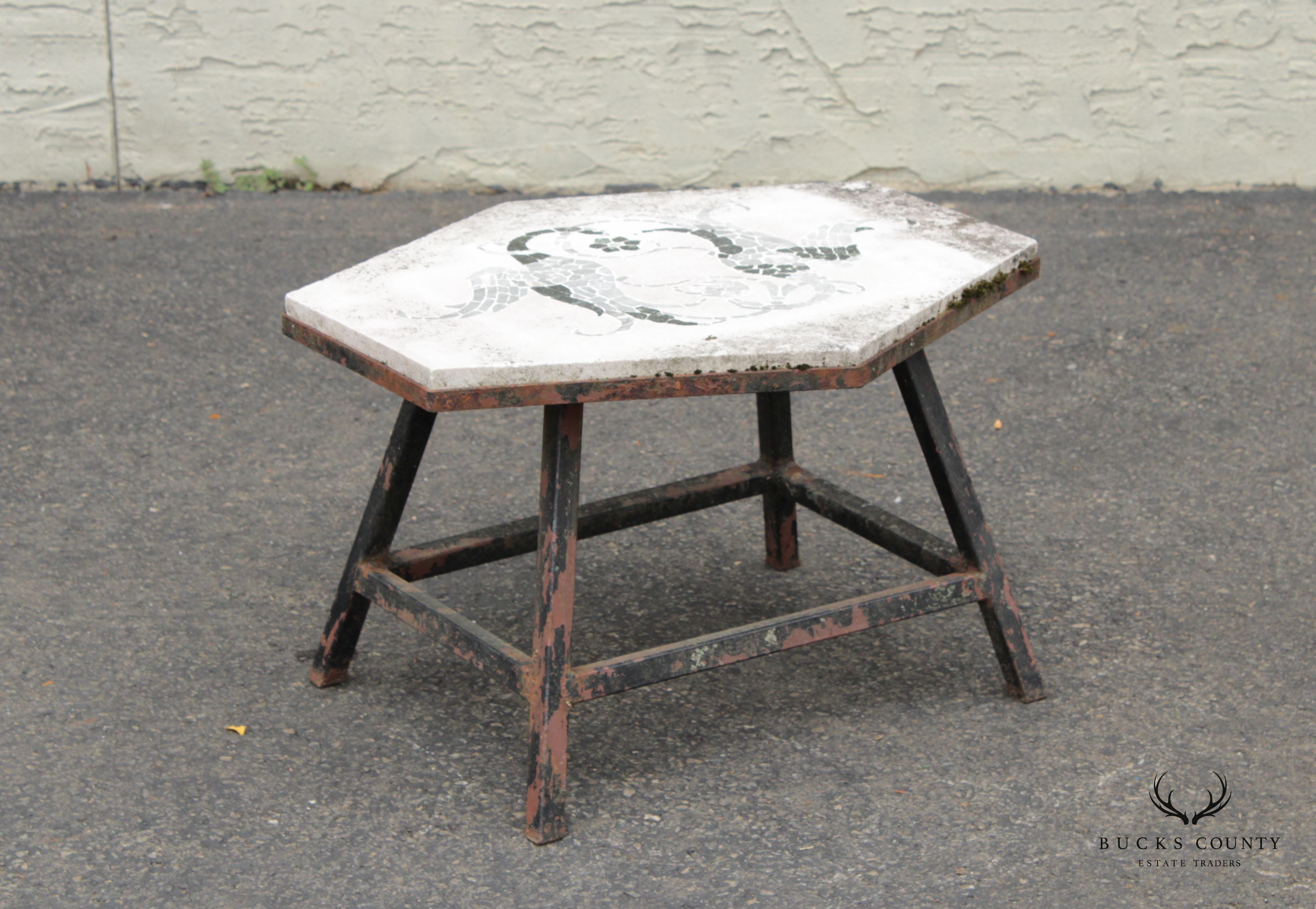 Vintage Iron and Mosaic Stone Outdoor Garden Side Table