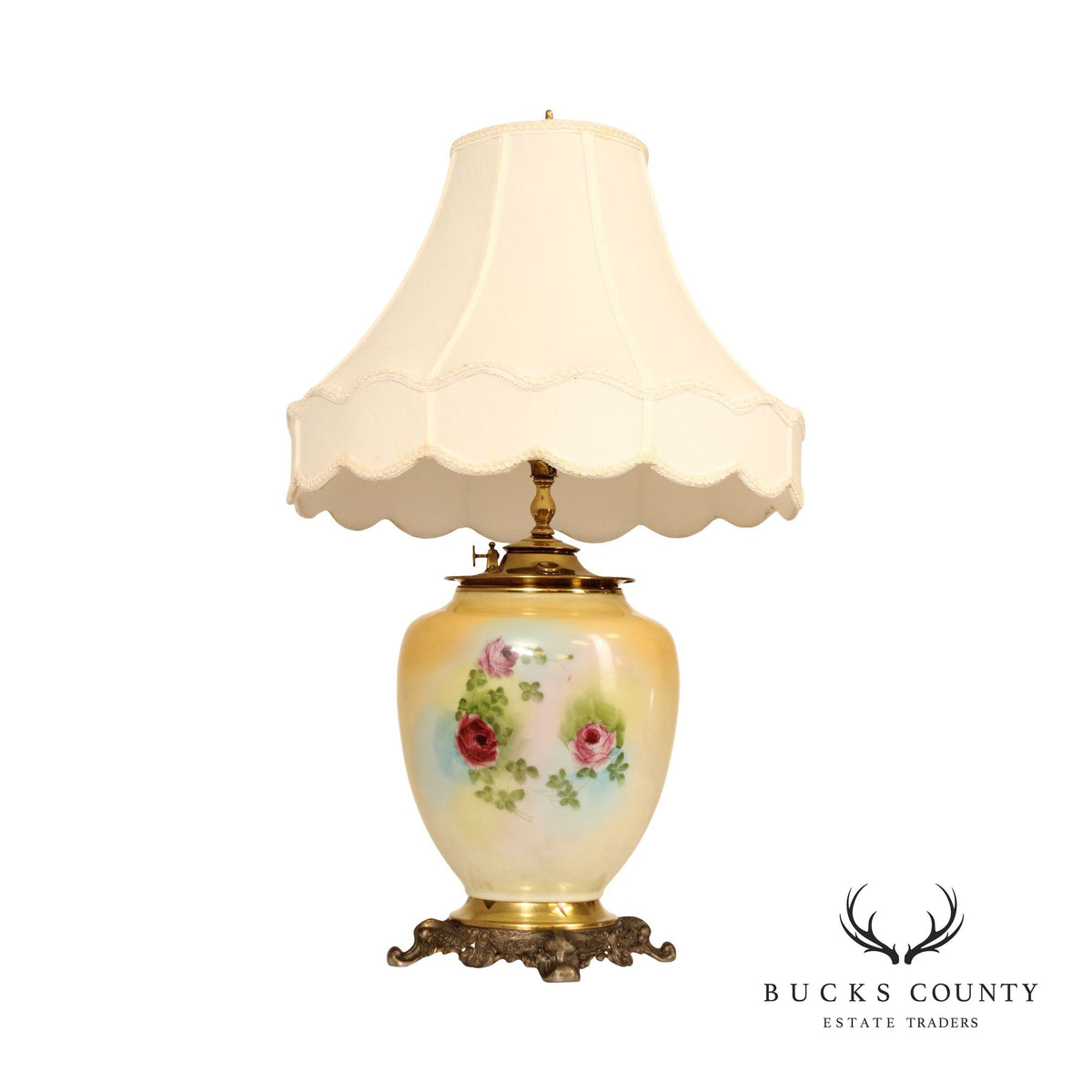 French Style Painted Porcelain and Brass Table Lamp