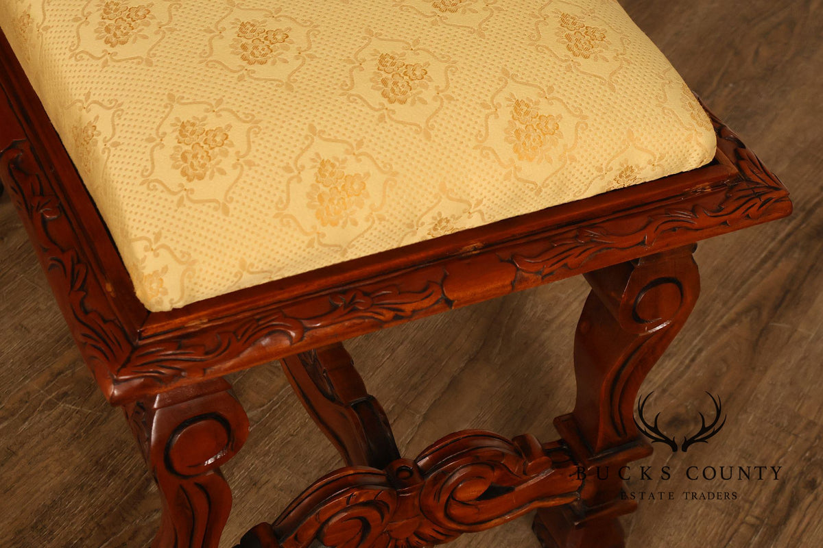Victorian Style Carved Wood Upholstered Bench