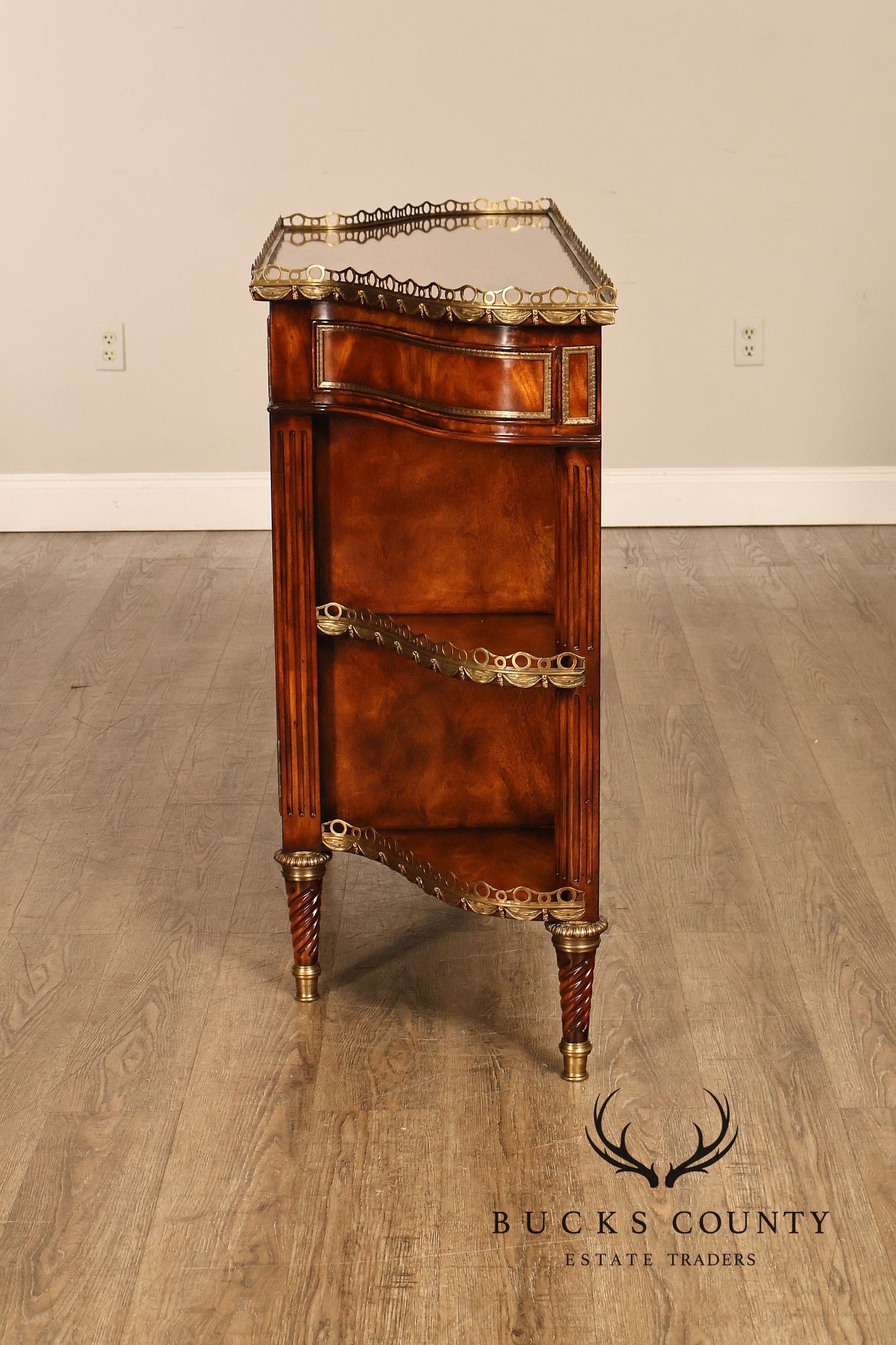Theodore Alexander French Louis XVI Style Burl Wood Brass Mounted Gallery Top Pair Of Side Cabinets