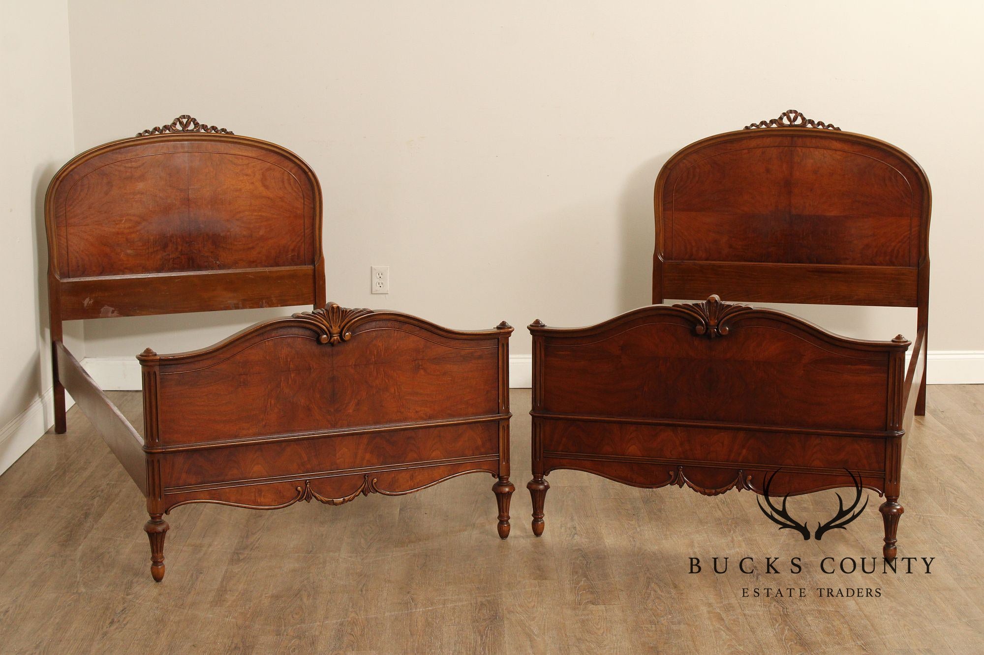 1930's French Louis XVI Style Pair of Carved Walnut Twin Beds