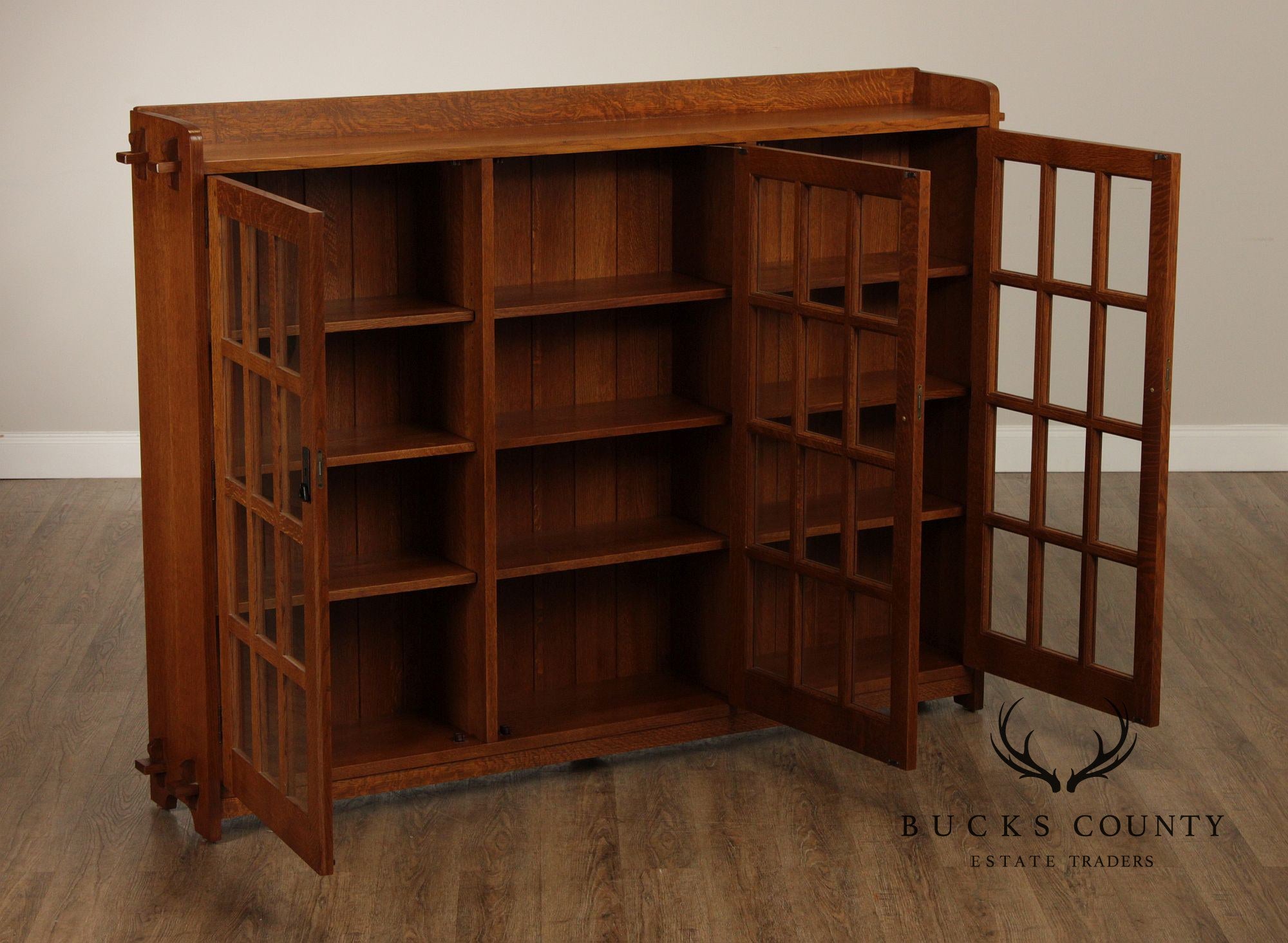 Stickley Mission Collection Oak Triple Bookcase with Glass Doors