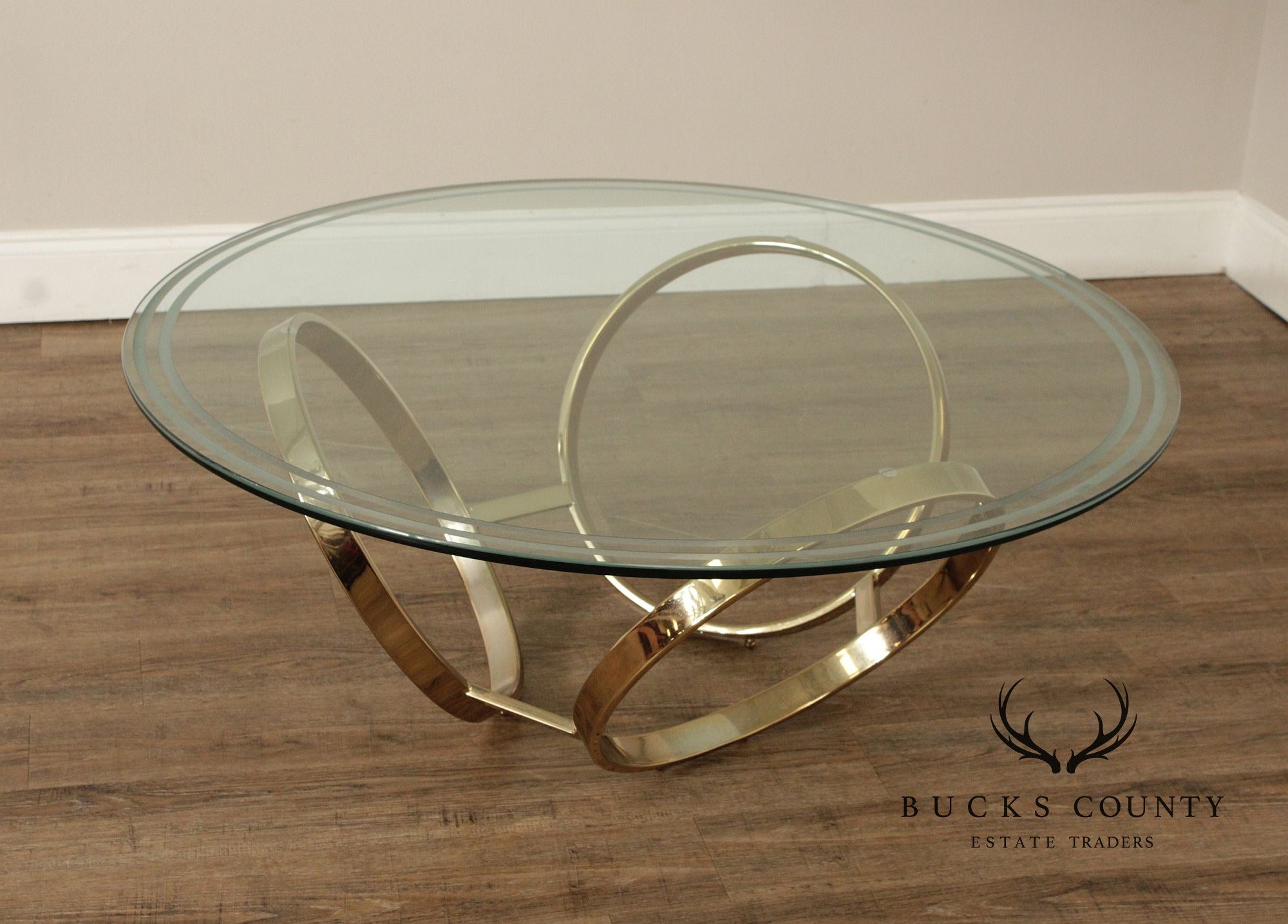 Postmodern Round Glass Top Three Ring Base Coffee Table