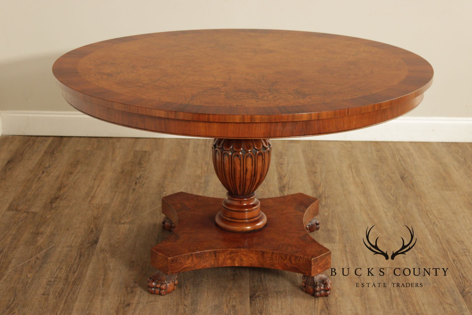 Italian Made Empire Style Round Burlwood Pedestal Center Table