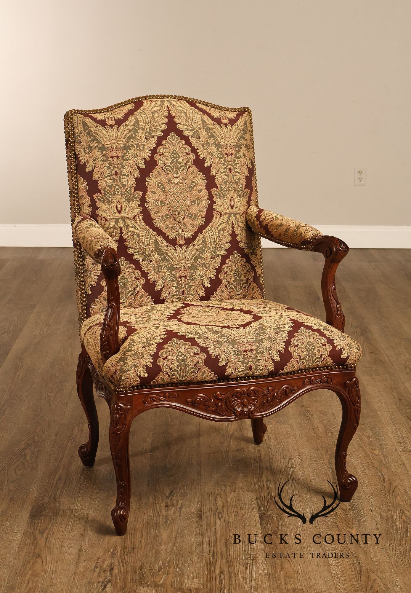 French Louis XV Style Carved Wood Upholstered Armchair