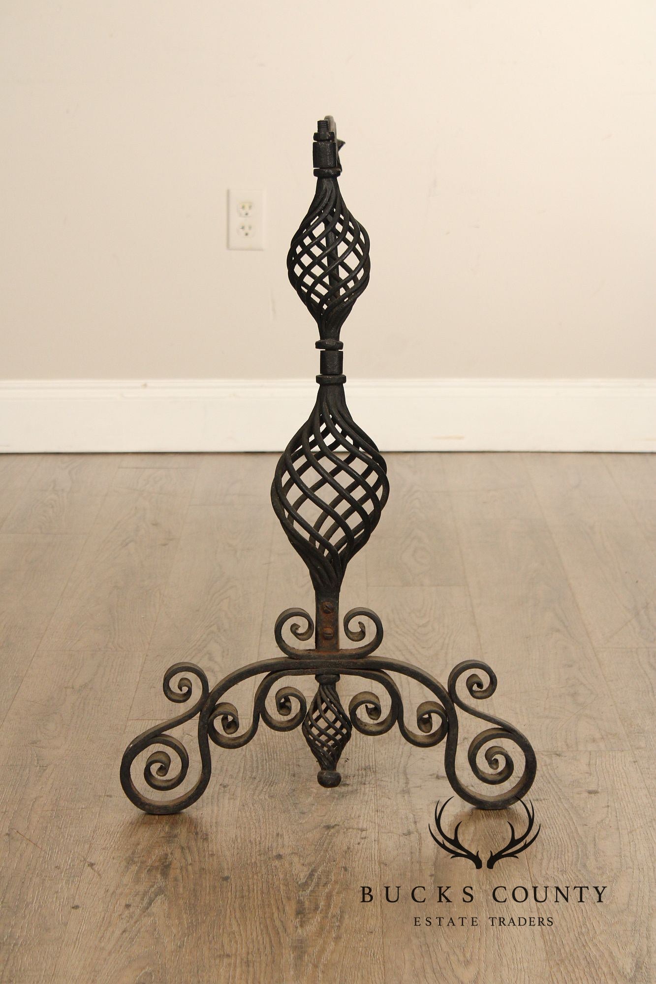 Arts & Crafts Pair of Scrolling Wrought Iron Andirons