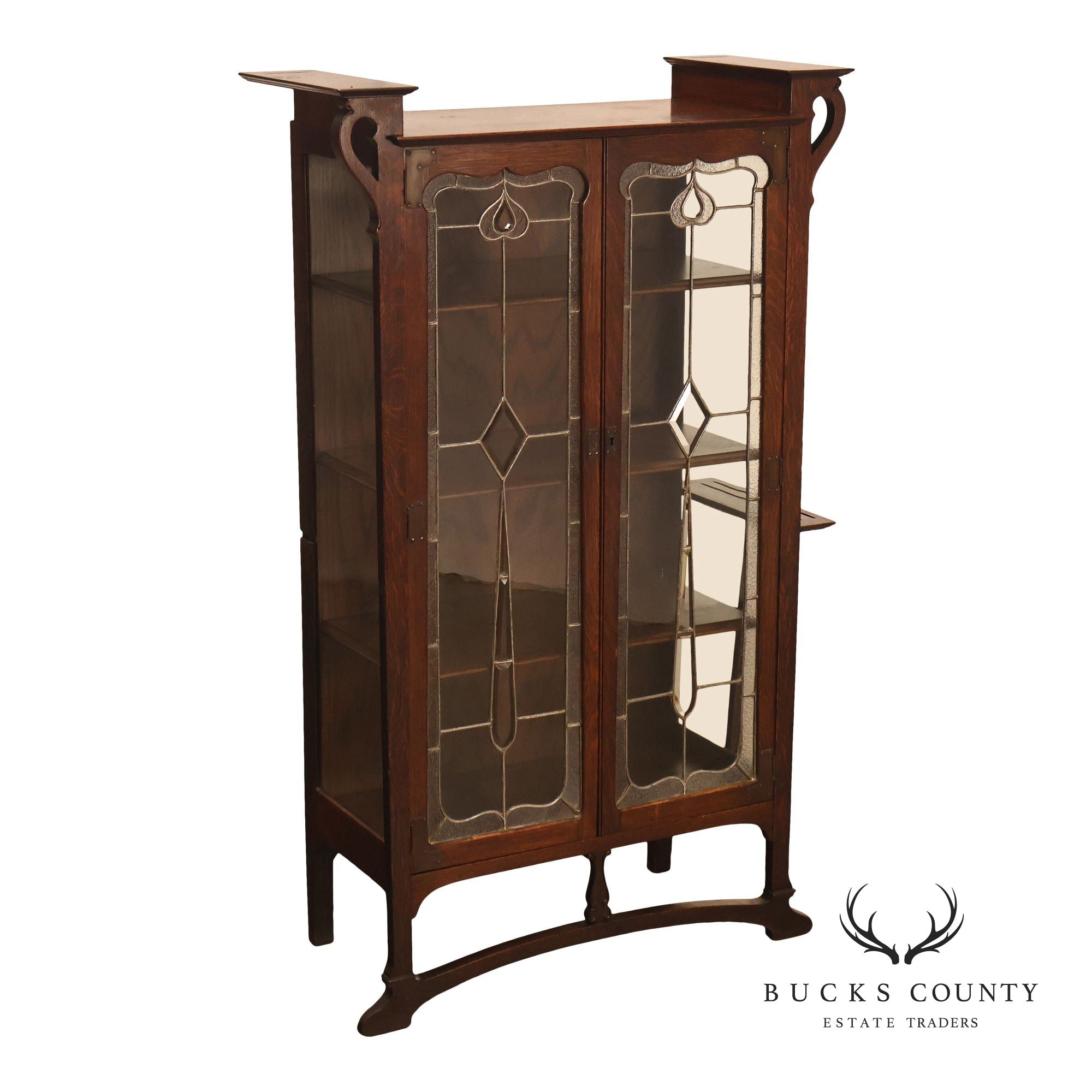 Antique Art Nouveau Leaded Glass Curio Cabinet