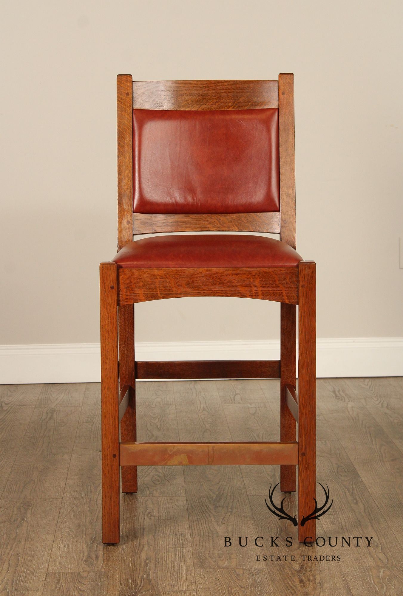 Stickley Mission Collection Pair of Oak And Leather Counter Stools