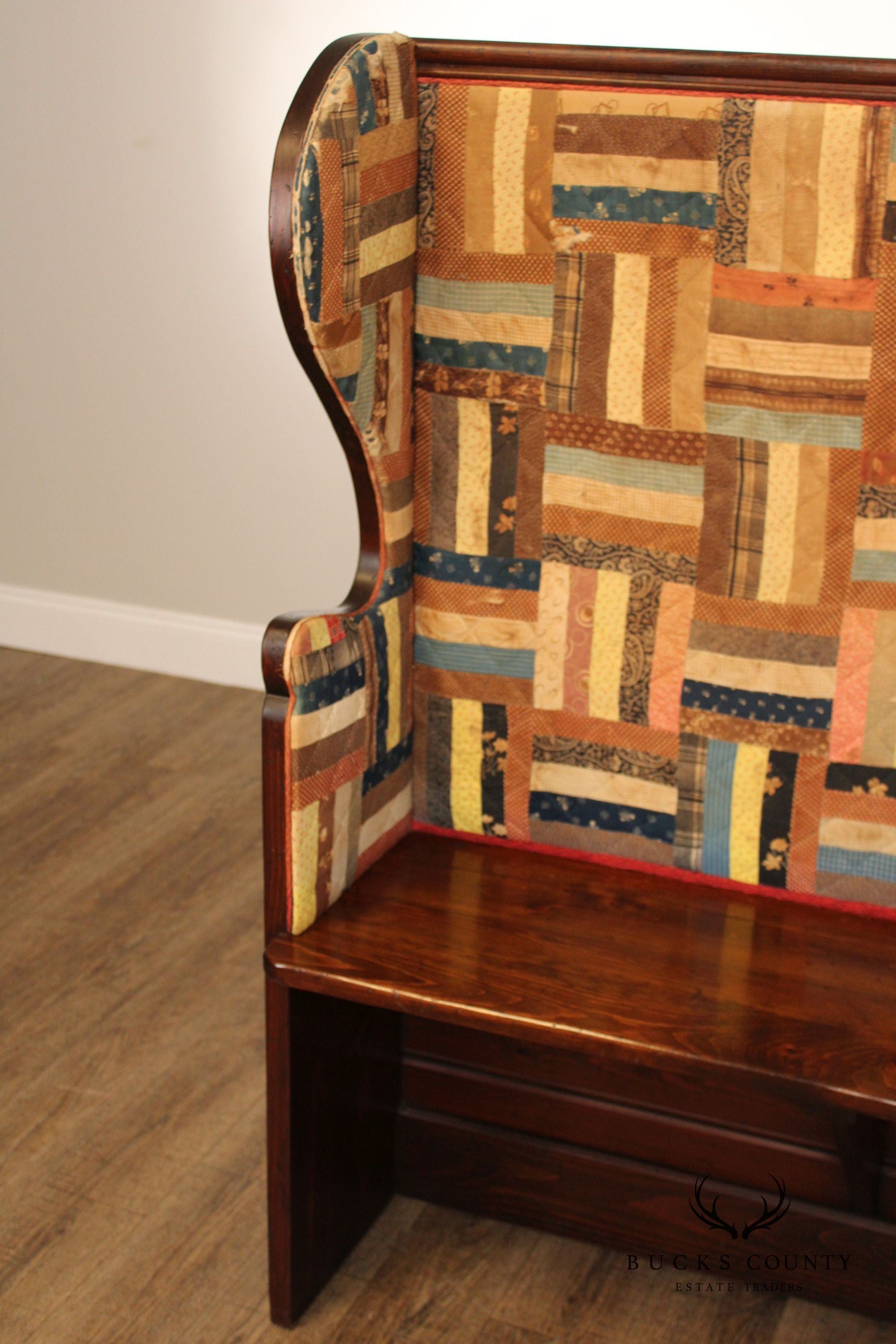 Antique American Quilted Back Pine Settle Bench