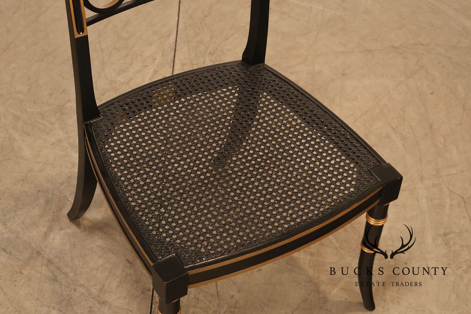 Baker Regency Style Pair of Ebonized and Partial Gilt Side Chairs