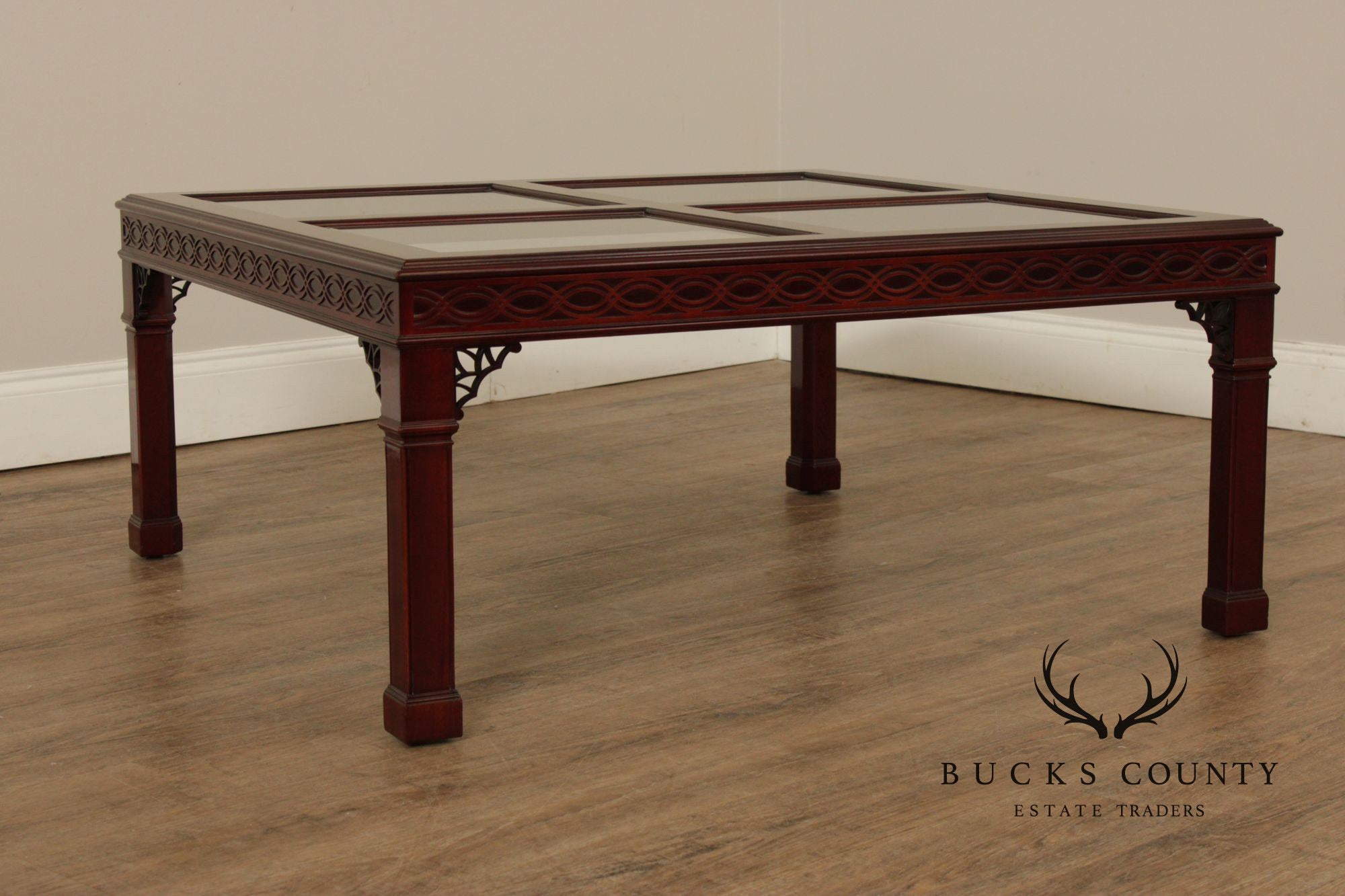 Kindel Chinese Chippendale Style Glass Top Mahogany Coffee Table