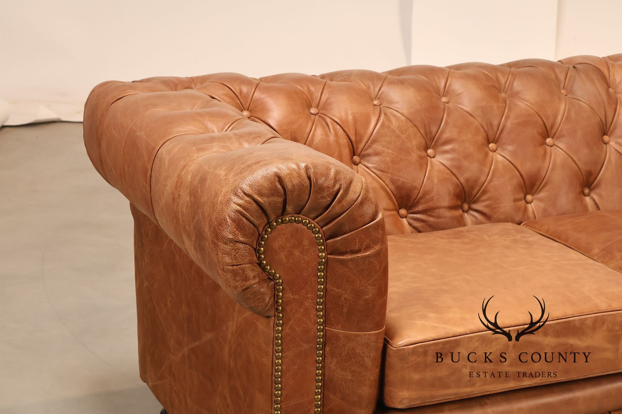 Chesterfield Style 7 Foot Distressed Brown Tufted Leather Sofa