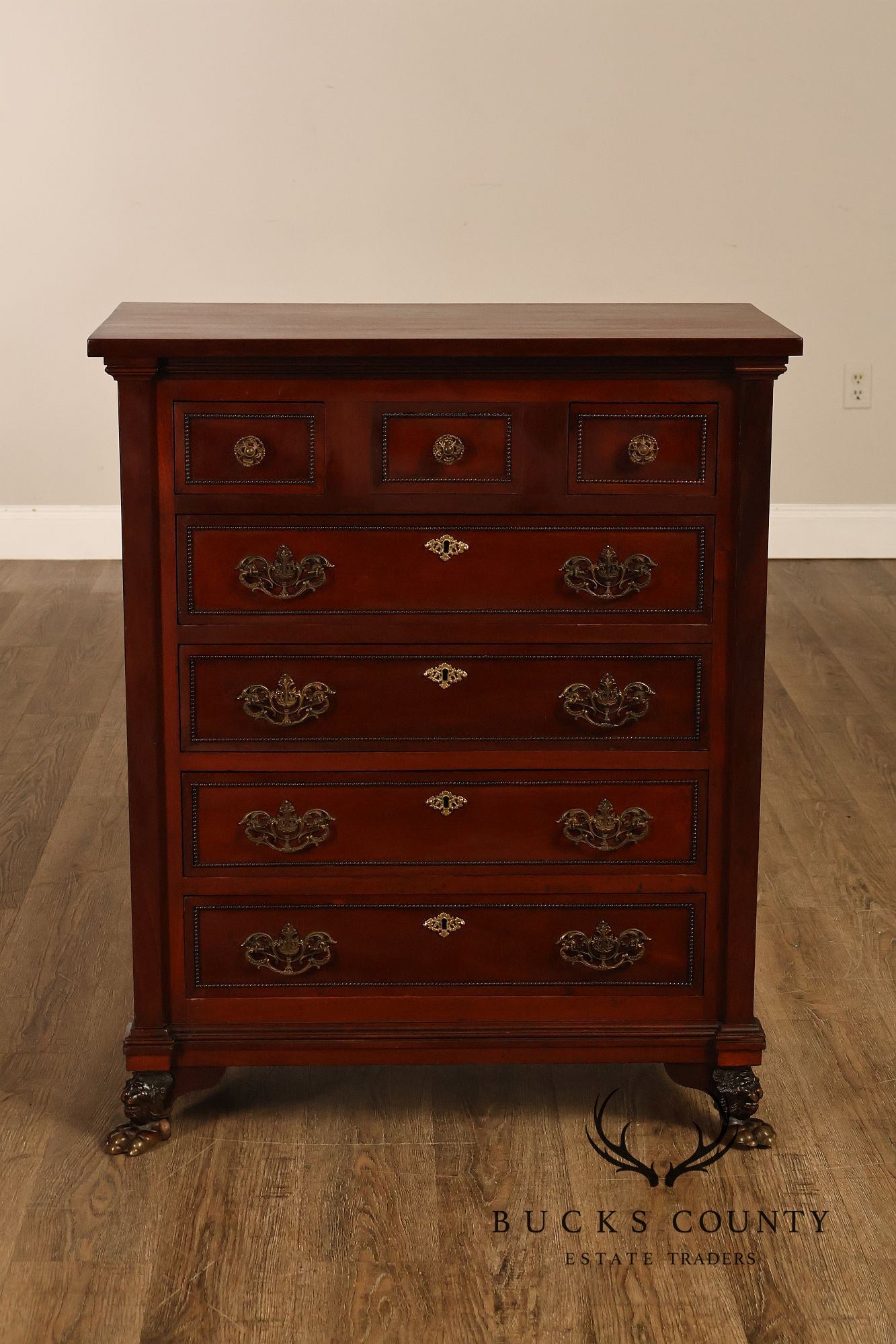Antique Victorian Mahogany Chest Of Drawers With Brass Lion Paw Feet