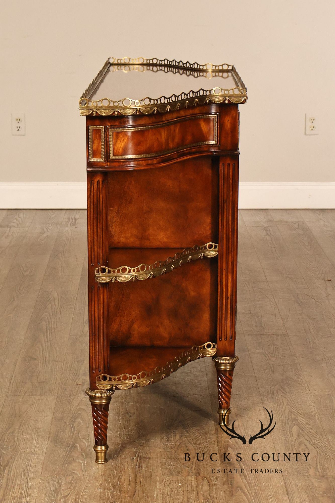 Theodore Alexander French Louis XVI Style Burl Wood Brass Mounted Gallery Top Pair Of Side Cabinets