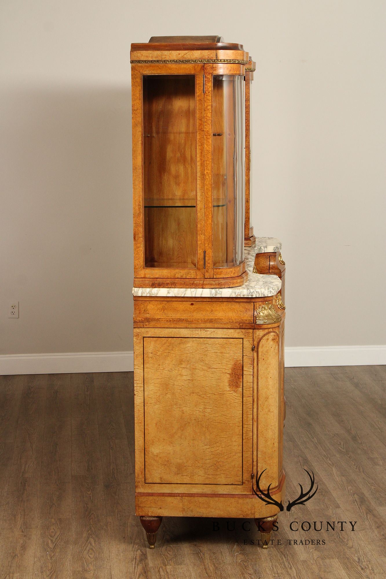 Antique French Louis XVI Style Burl Walnut Marble Top Buffet Hutch