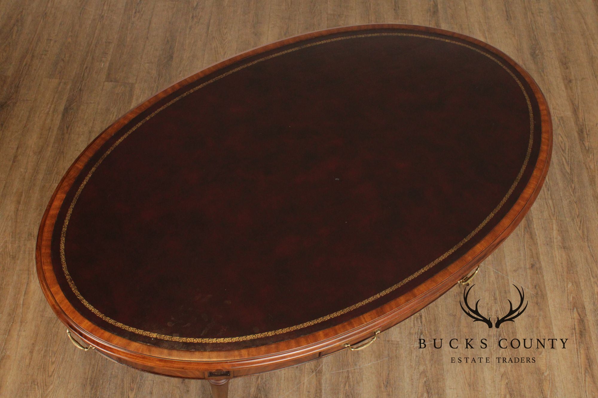E.J. Victor Regency Style Mahogany Leather Top Oval Partners Desk Writing Table