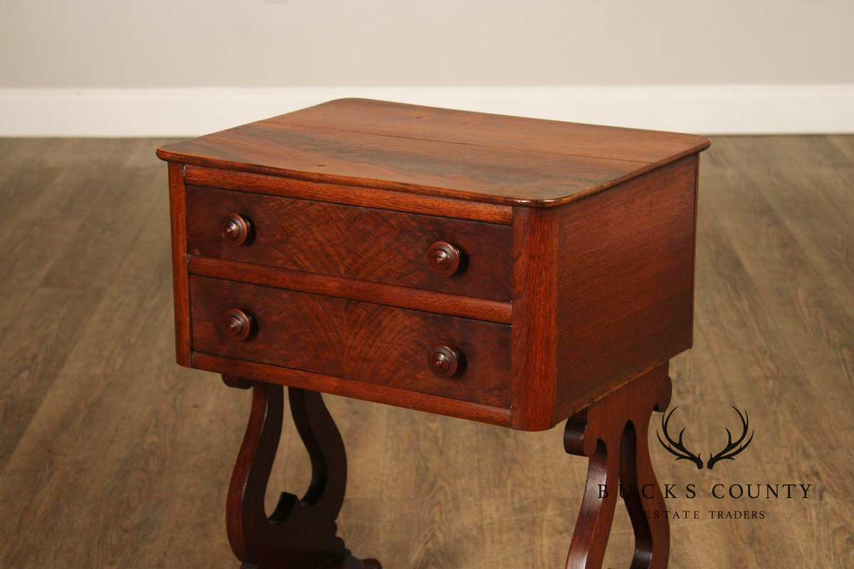 Antique American Empire Mahogany Lyre Form Two-Drawer Work Table