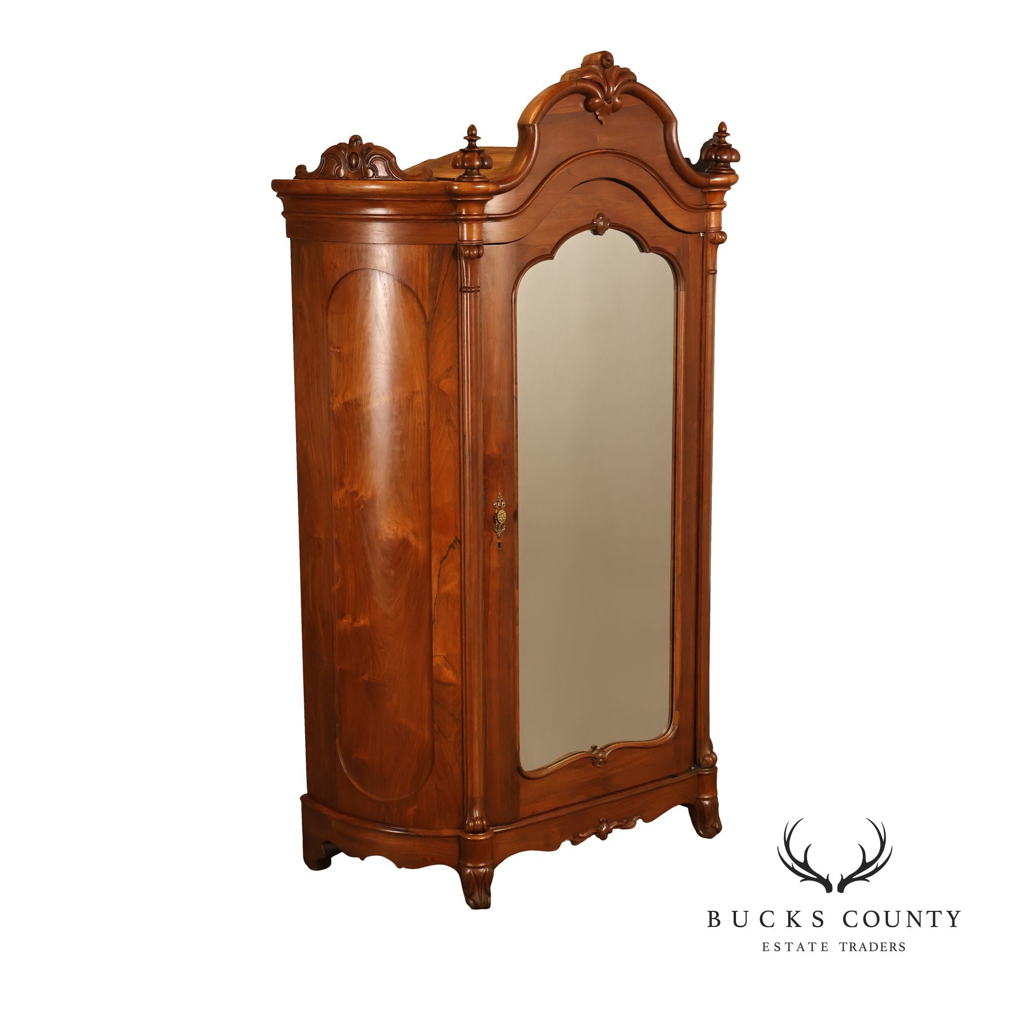Antique Renaissance Revival Louis XV Style Carved Walnut Mirrored Armoire