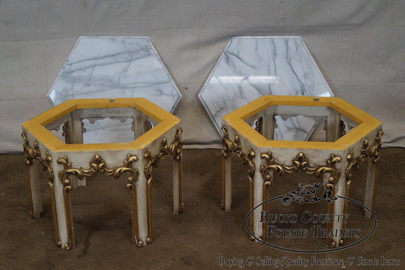 Quality Pair of Hollywood Regency Partial Gilt Hexagon Marble Top Side Tables