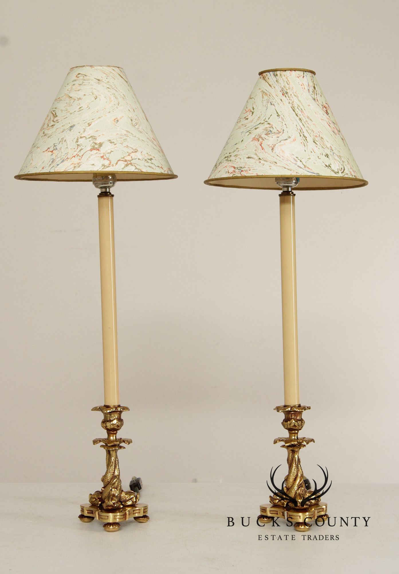 Rococo Style Pair of Brass Candlestick Table Lamps