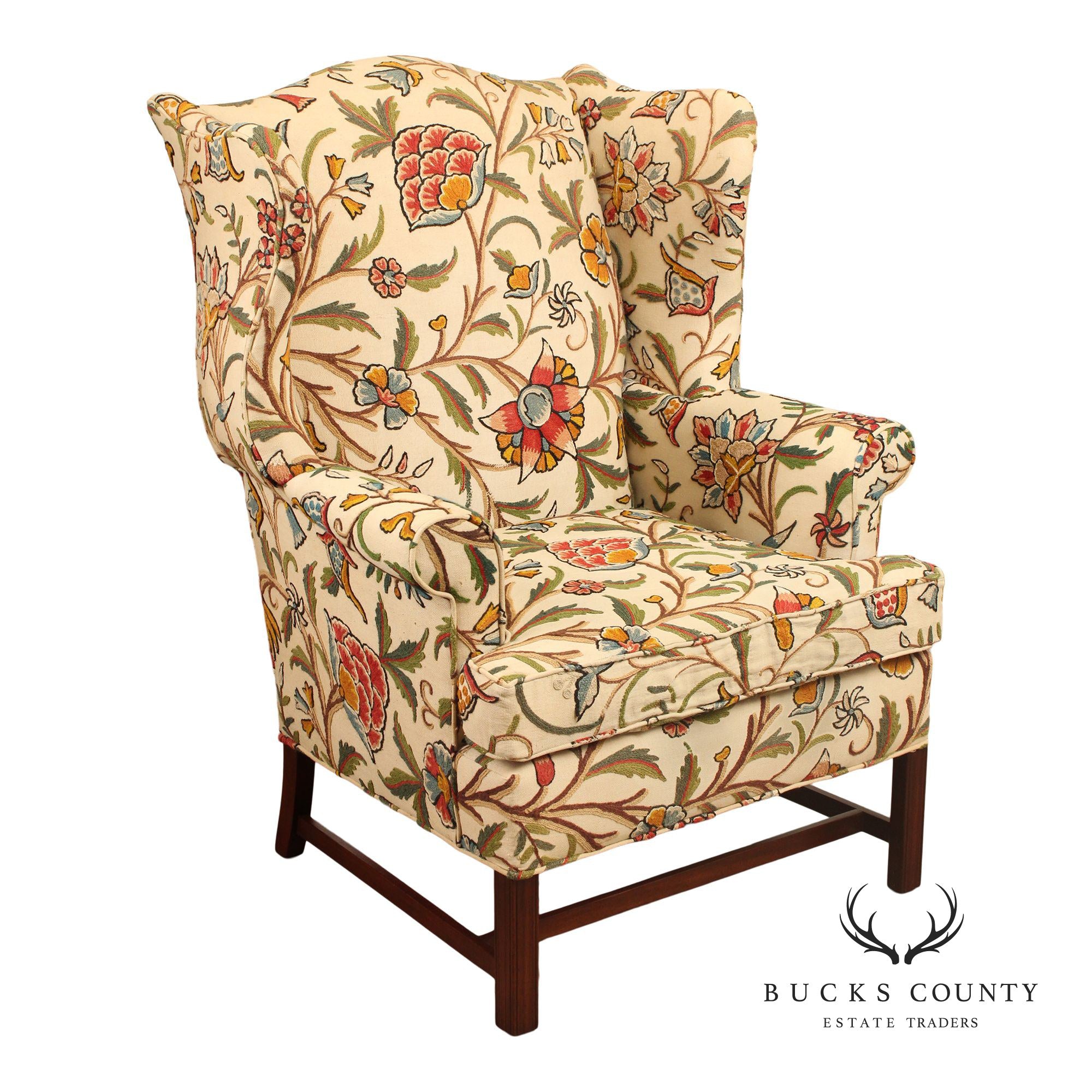 Hickory Chair Chippendale Style Mahogany Crewel Embroidered Wing Chair