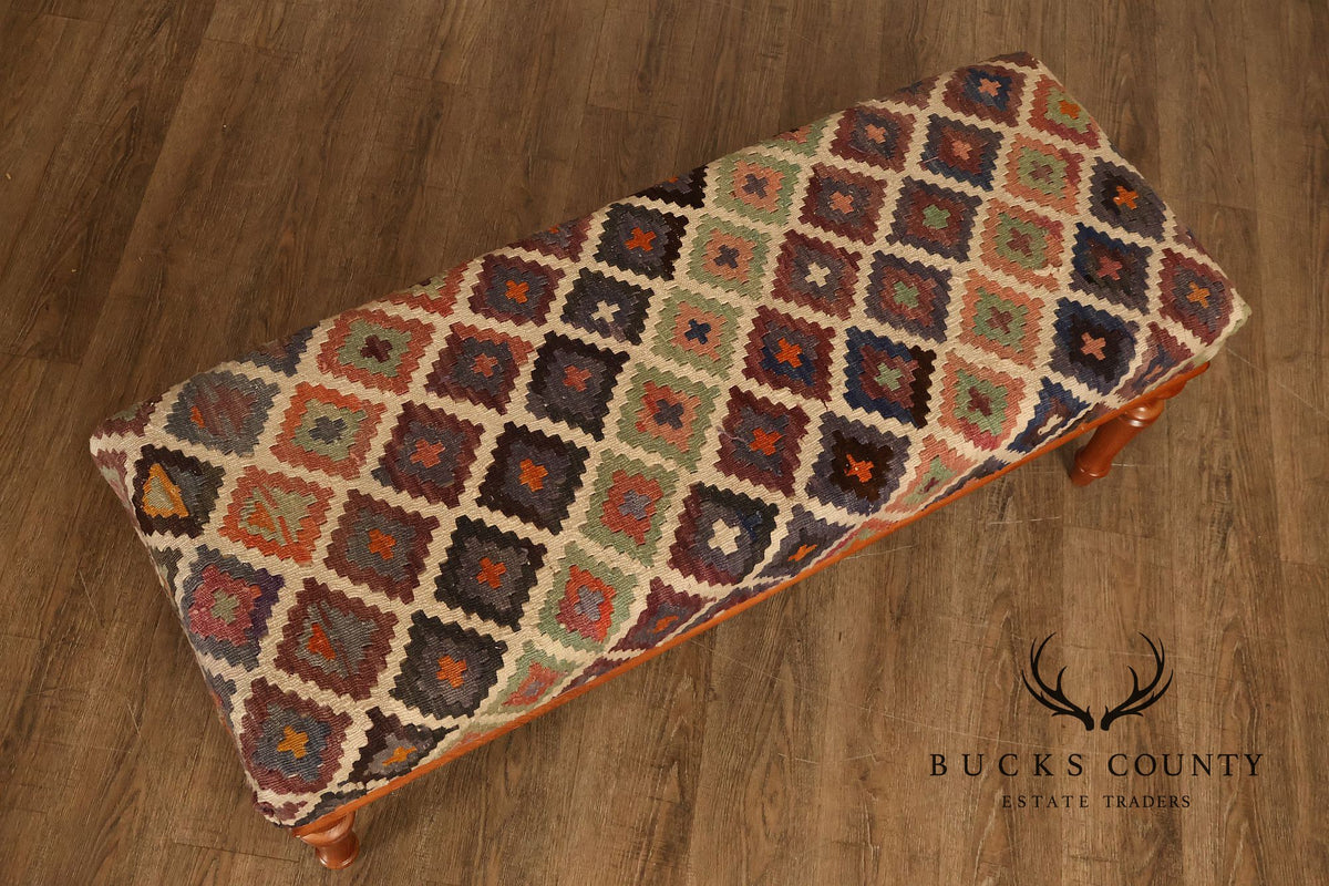 Vintage Kilim Upholstered Cherry Bench