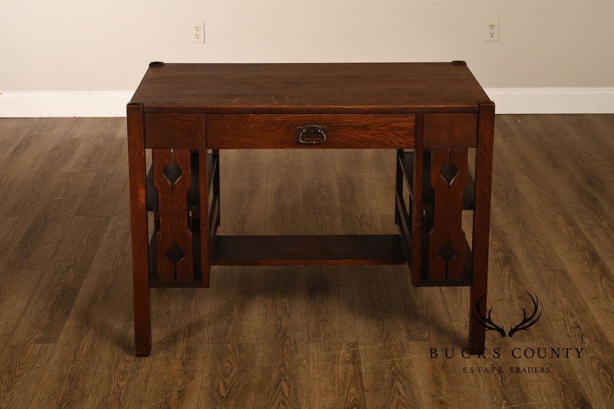 Antique Arts And Crafts Mission Oak Writing Desk With Side Shelves