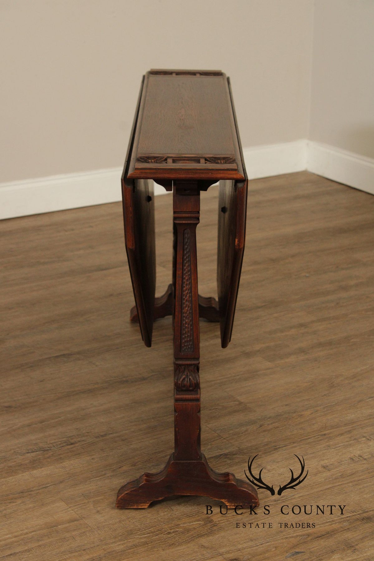 Rom Weber Viking Jacobean Style Carved Oak Drop-Leaf Table