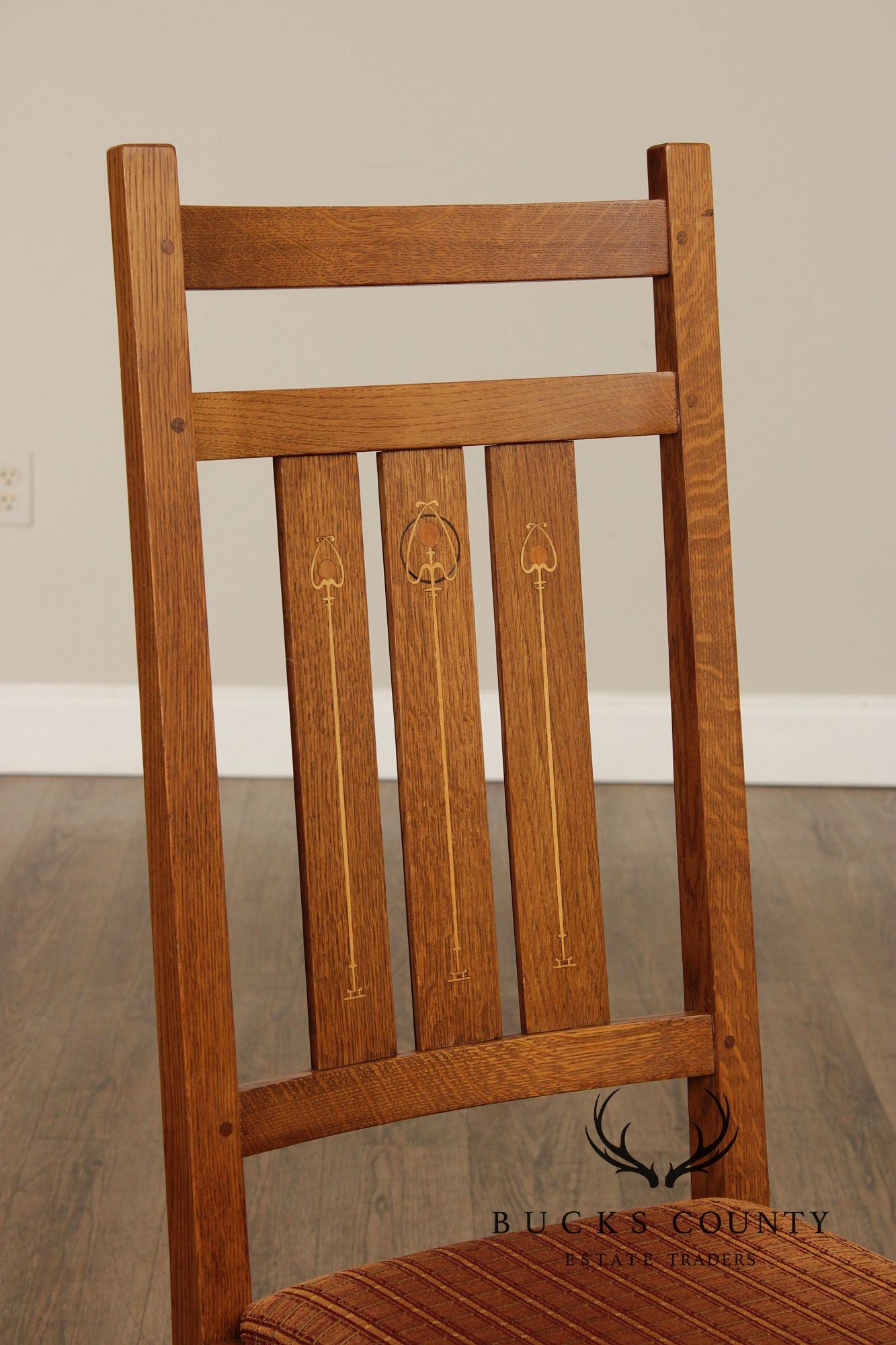 Stickley Mission Collection Set Of Four Harvey Ellis Oak Inlaid Dining Chairs