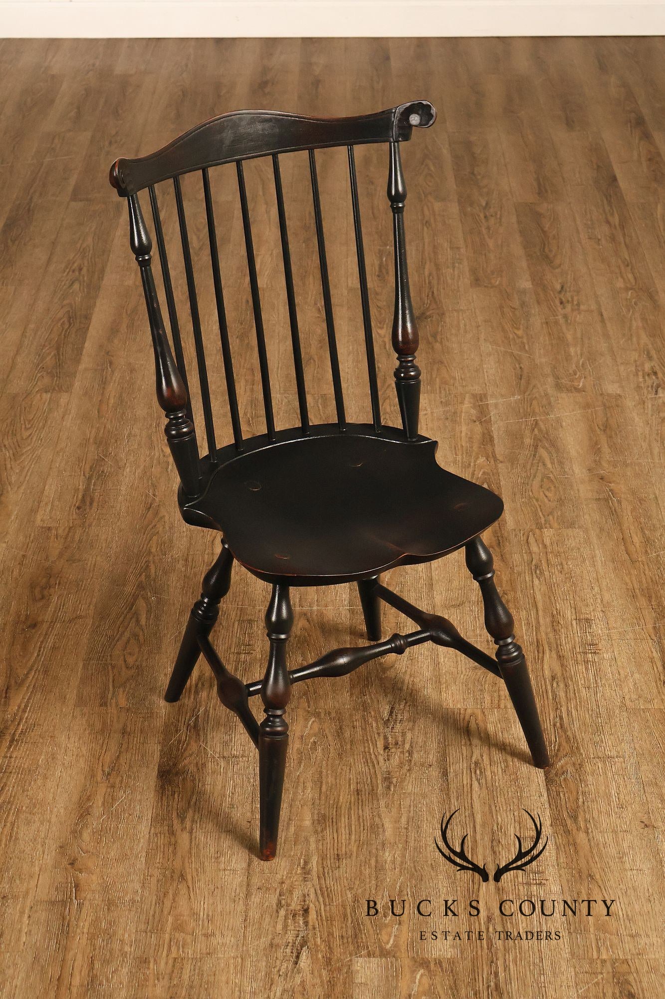 Custom Set Of Four Black Over Red Painted Fan Back Windsor Dining Chairs