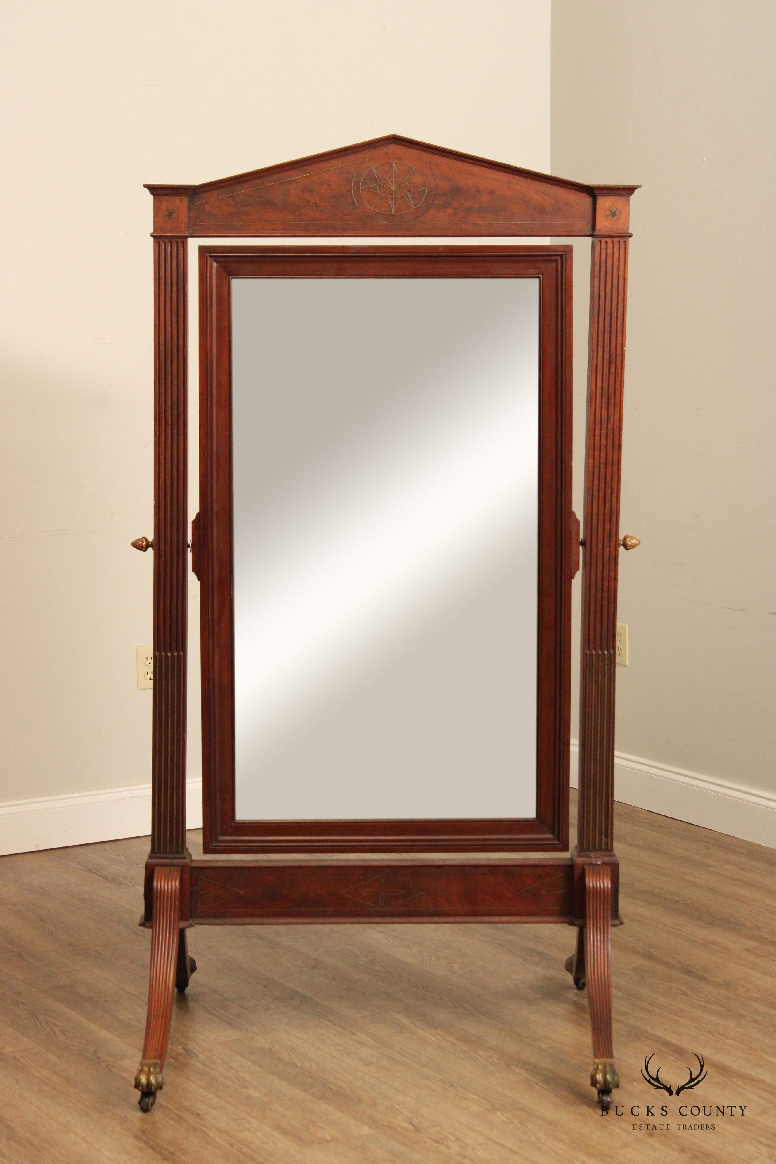 Antique 19th Century Empire Style Mahogany Cheval Mirror On Brass Paw Feet