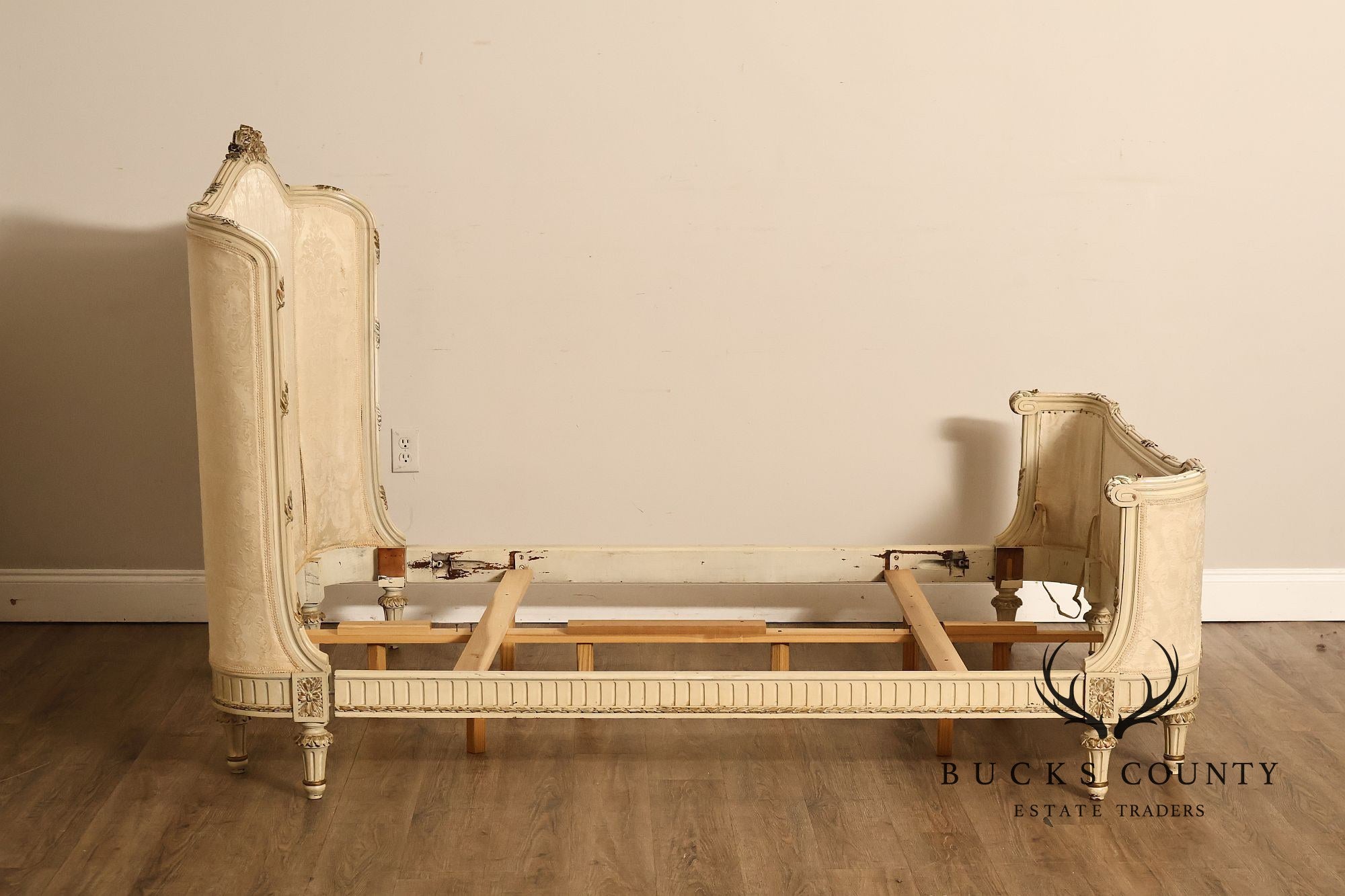 Antique French Louis XVI Style Painted & Upholstered Full Size Bed Frame