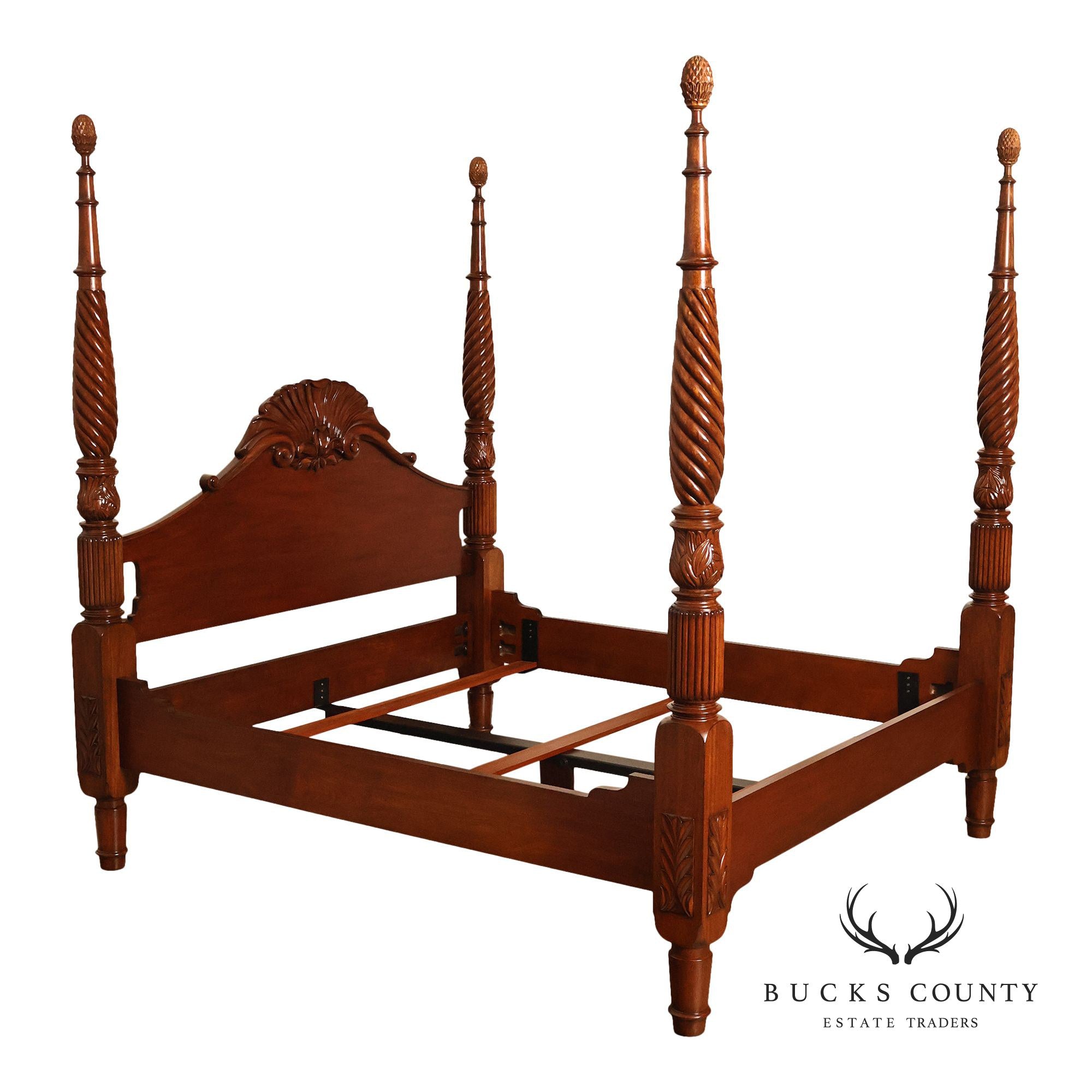 Colonial Revival Carved Mahogany King Size Four Poster Bed