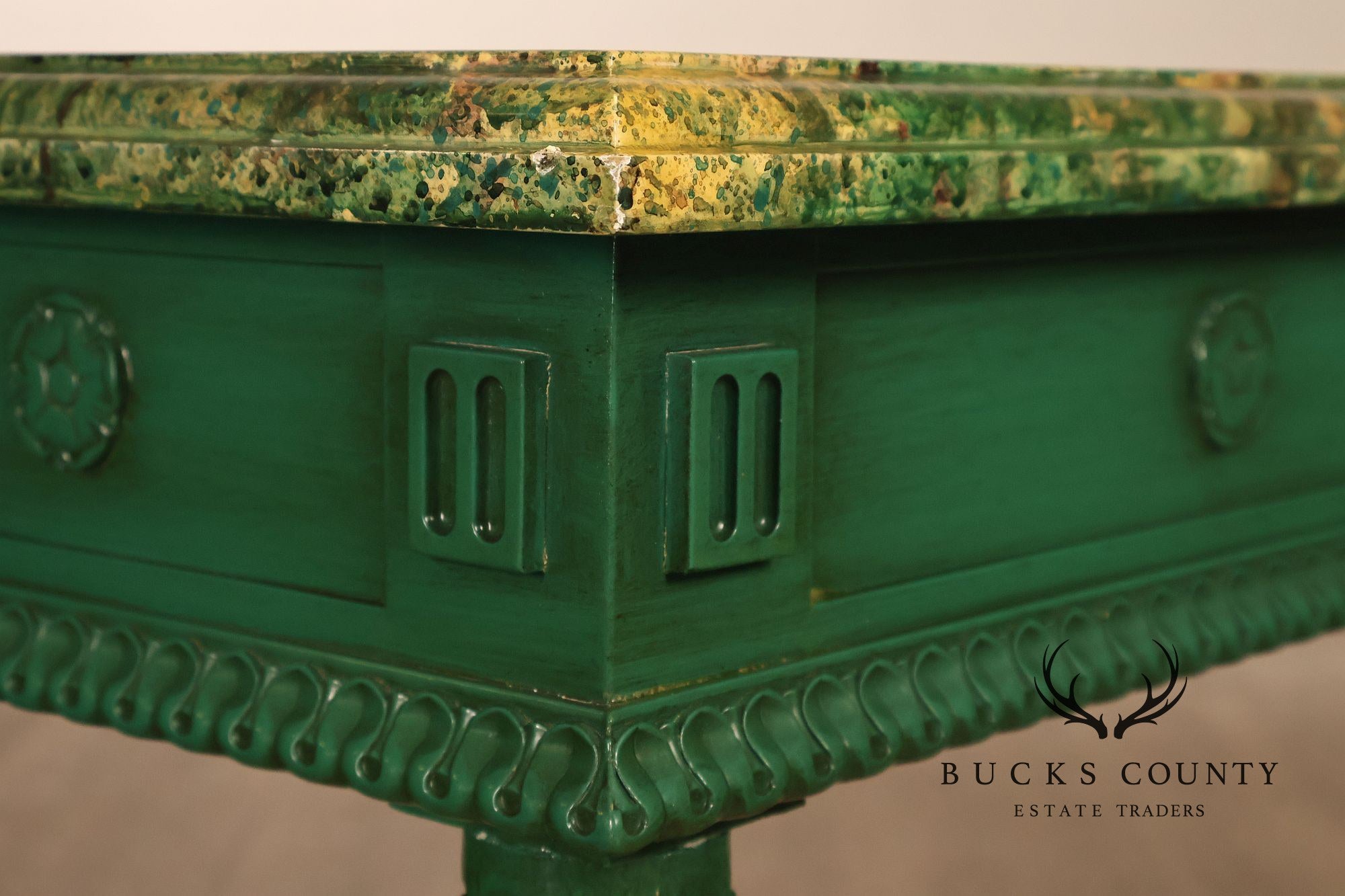 Neoclassical Style Narrow Custom Quality Console Table With Faux Marble Top