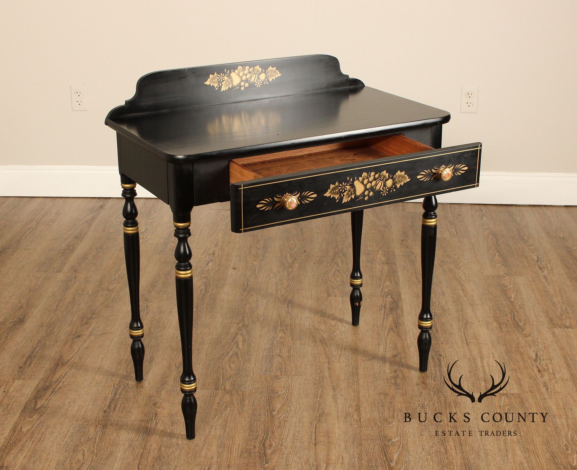 Hitchcock Style Ebonized and Stenciled One-Drawer Vanity or Writing Desk by Very Best