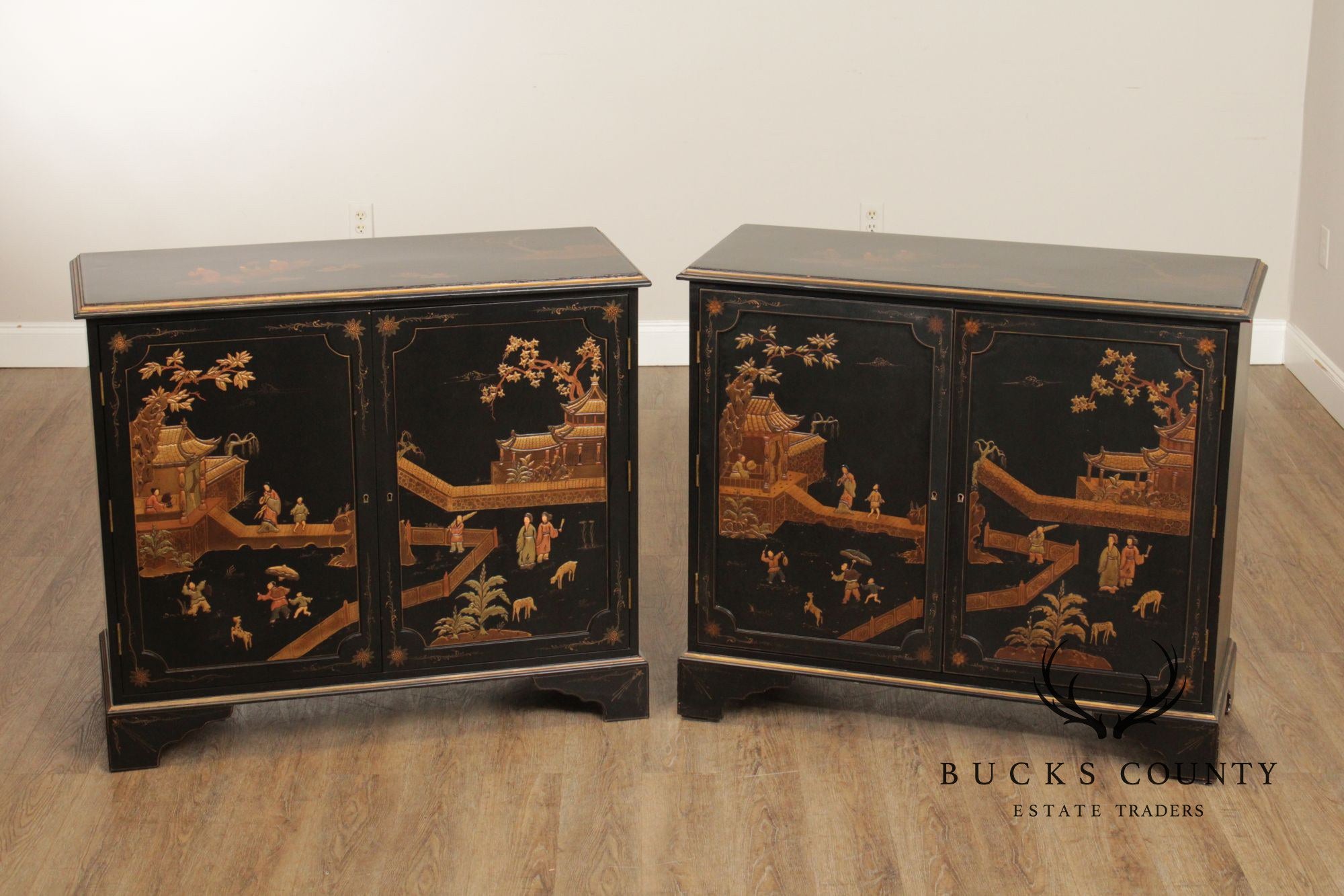 Georgian Furnishing Co. Pair Of Black Lacquer Chinoiserie Cabinets