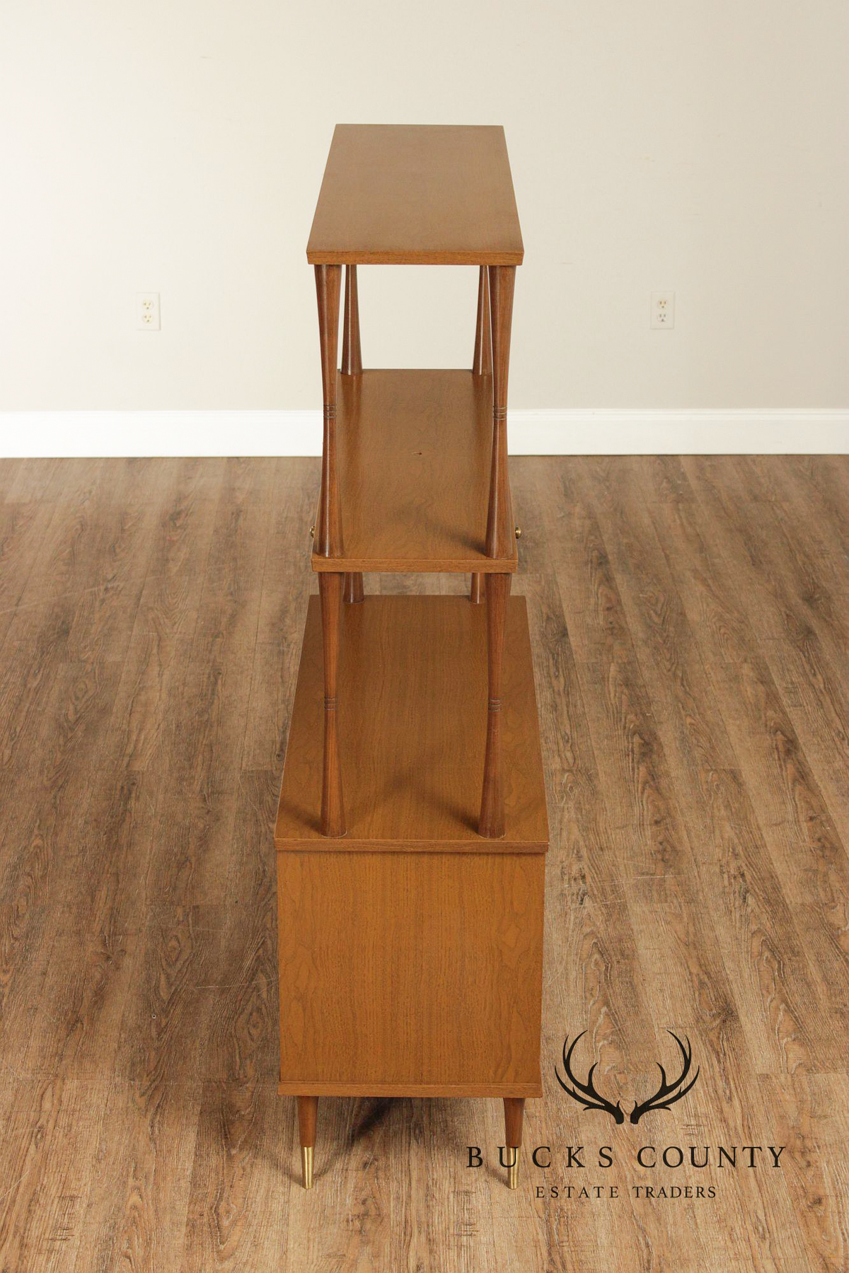 Mid Century Modern Walnut Room Divider Étagère With Brass Accents