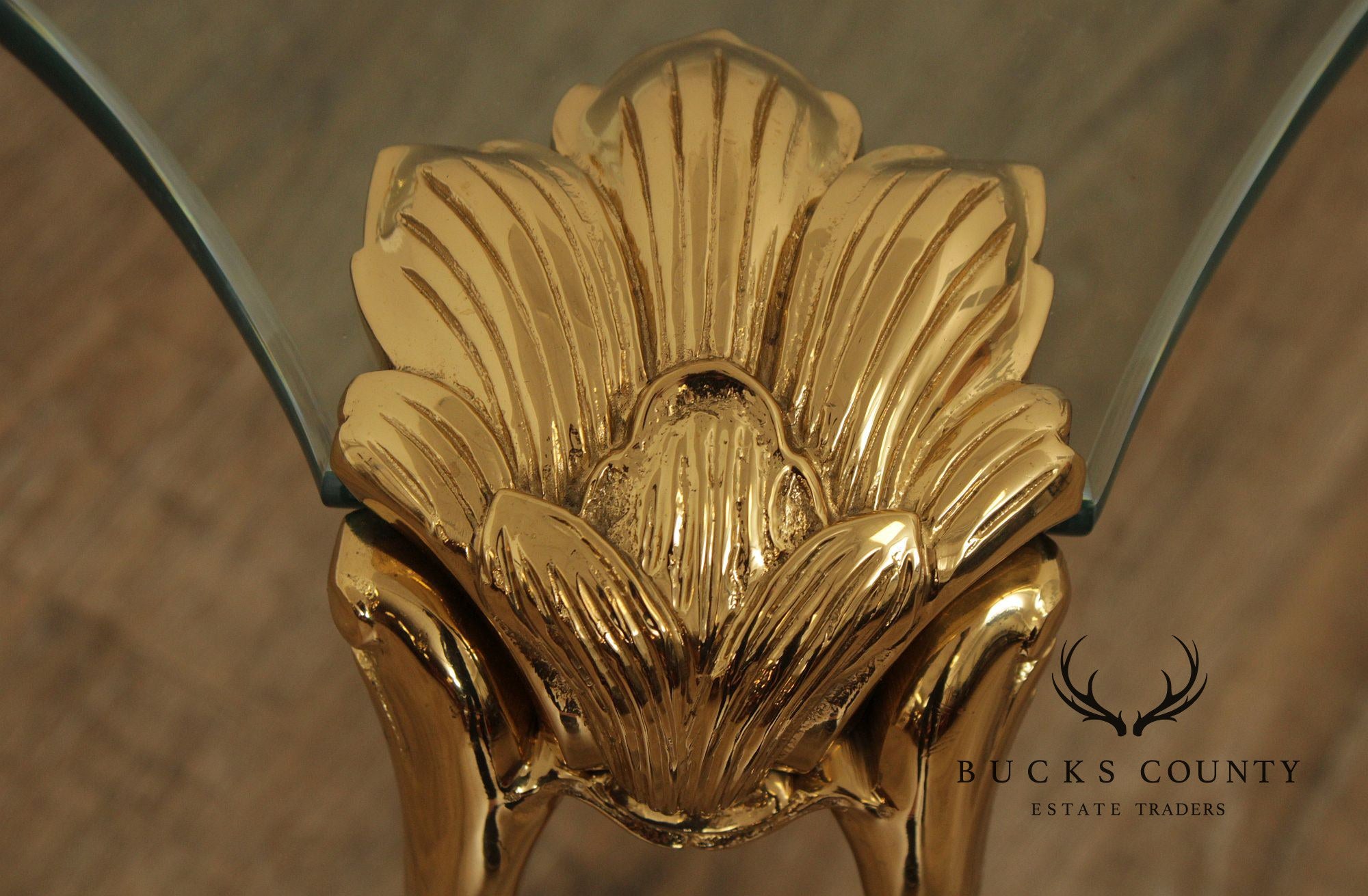 French Style Glass Top Coffee Table With Sculpted Brass Legs