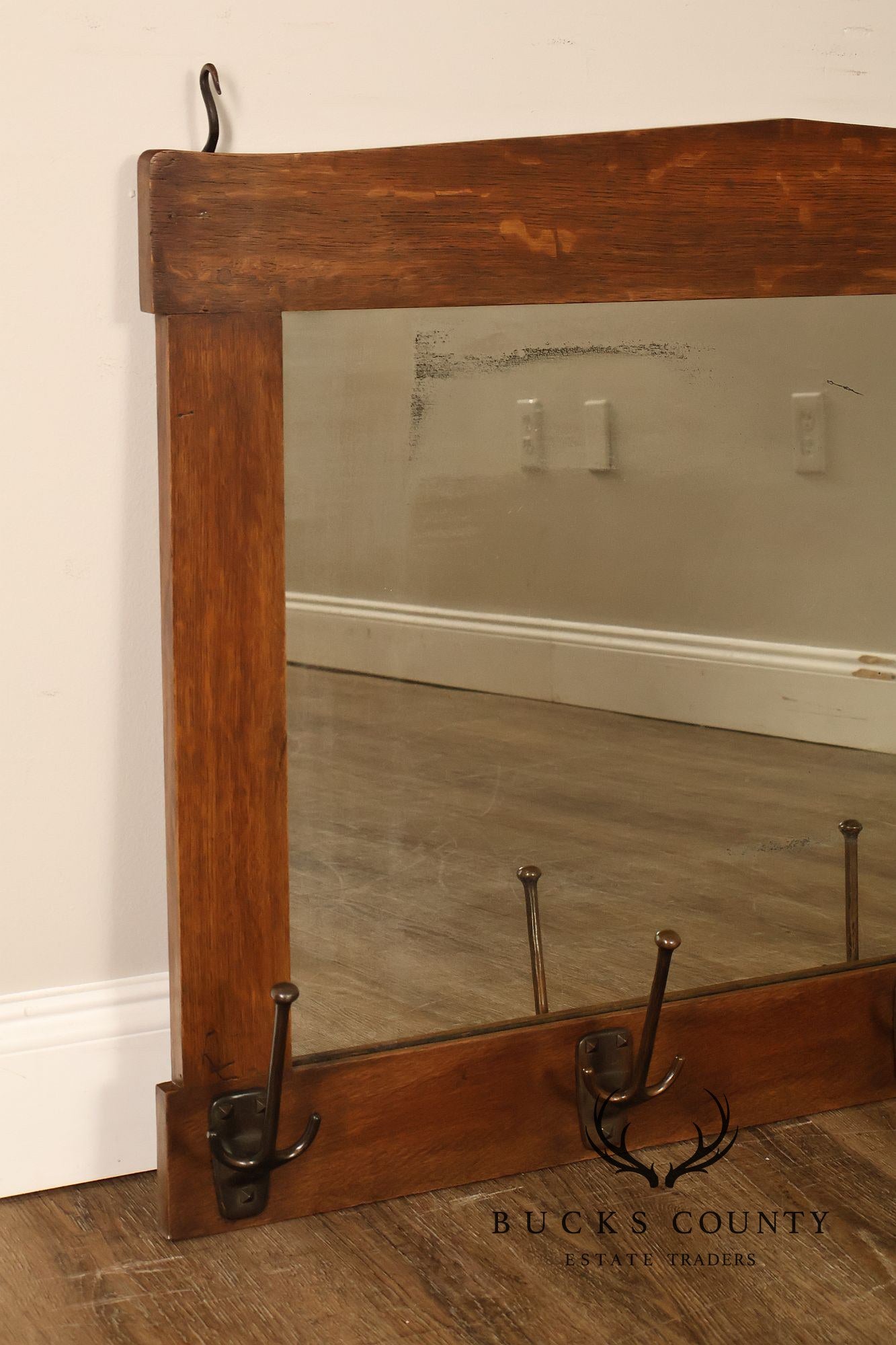 Gustav Stickley Antique Mission Oak Wall Mirror With Coat Hooks #66