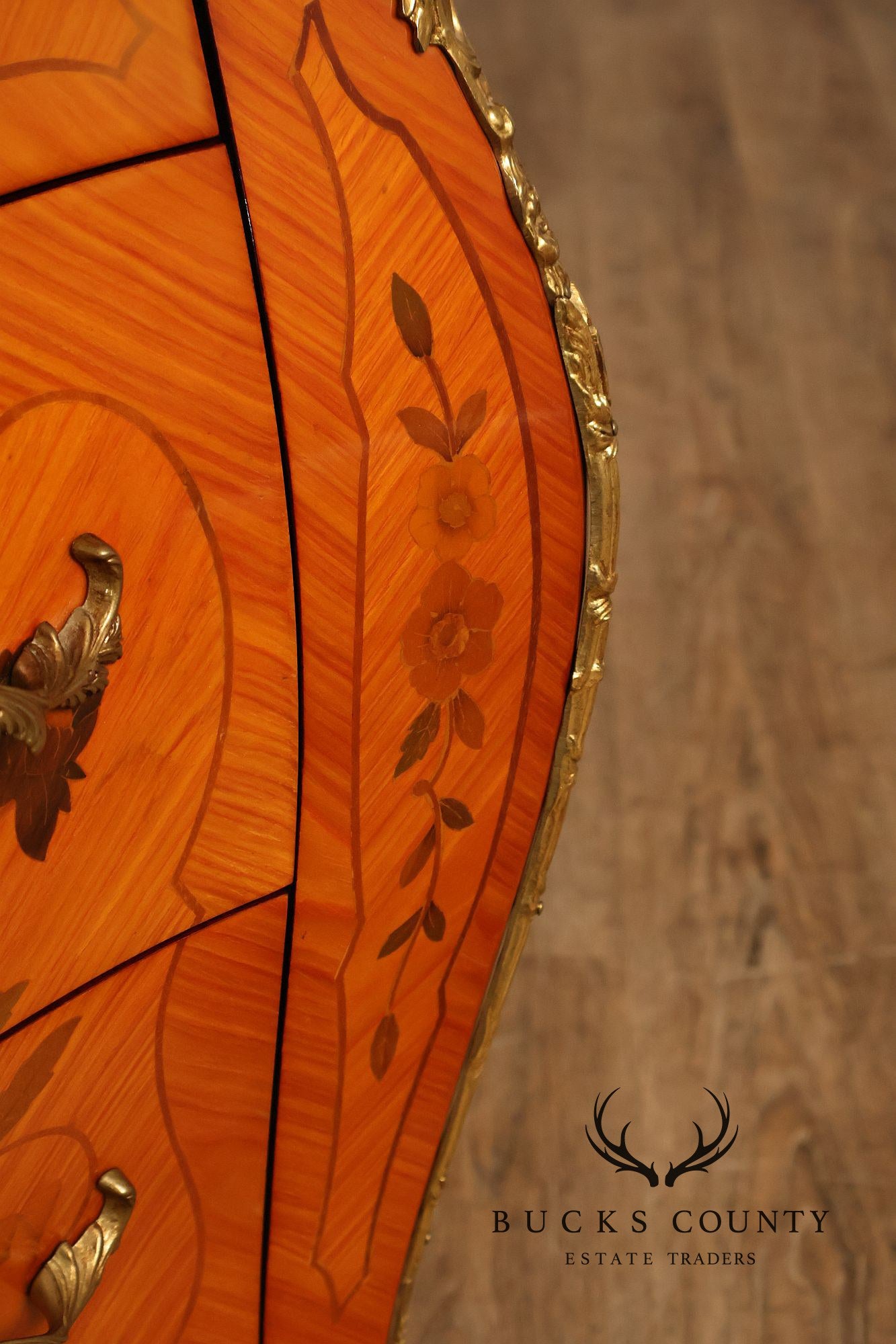 Italian Louis XV Style Marquetry Inlaid Marble Top Bombe Chest Commode